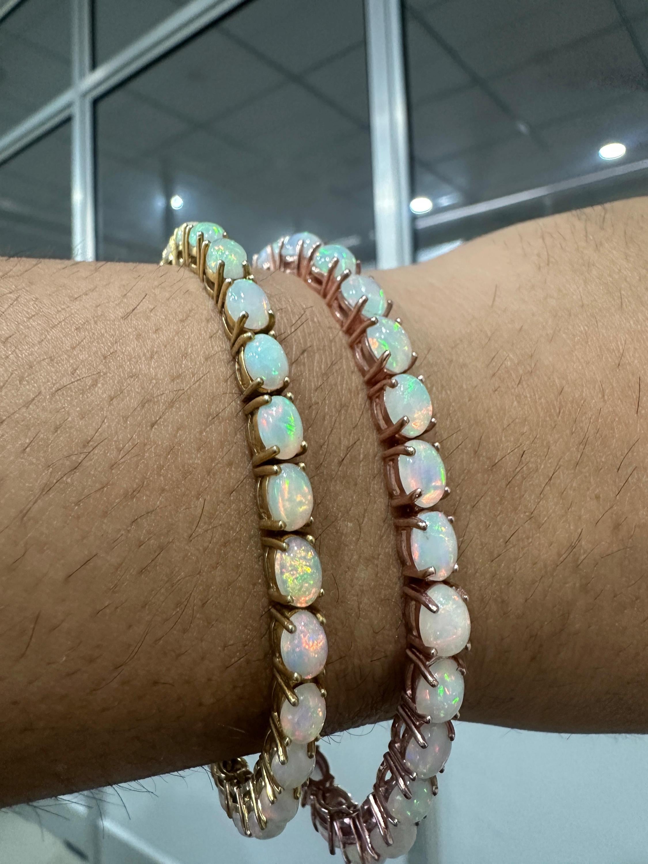 His & Hers Opal Tennis Bracelet Set, Luxury Couple Jewelry in Gold Finish, October Birthstone