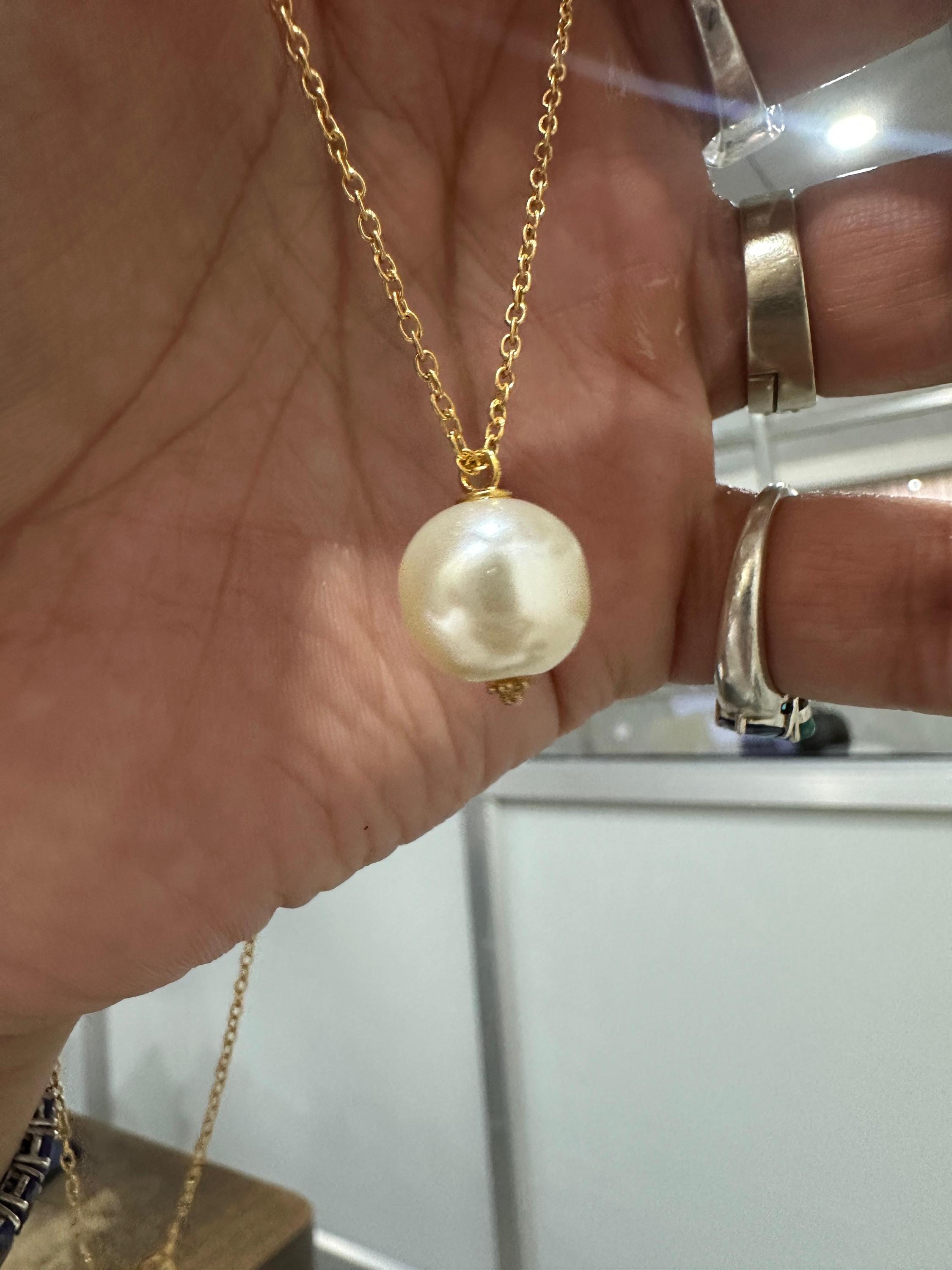 Round Pearl Pendant Necklace, Gold Vermeil 925 Silver, Minimal Classic Jewelry