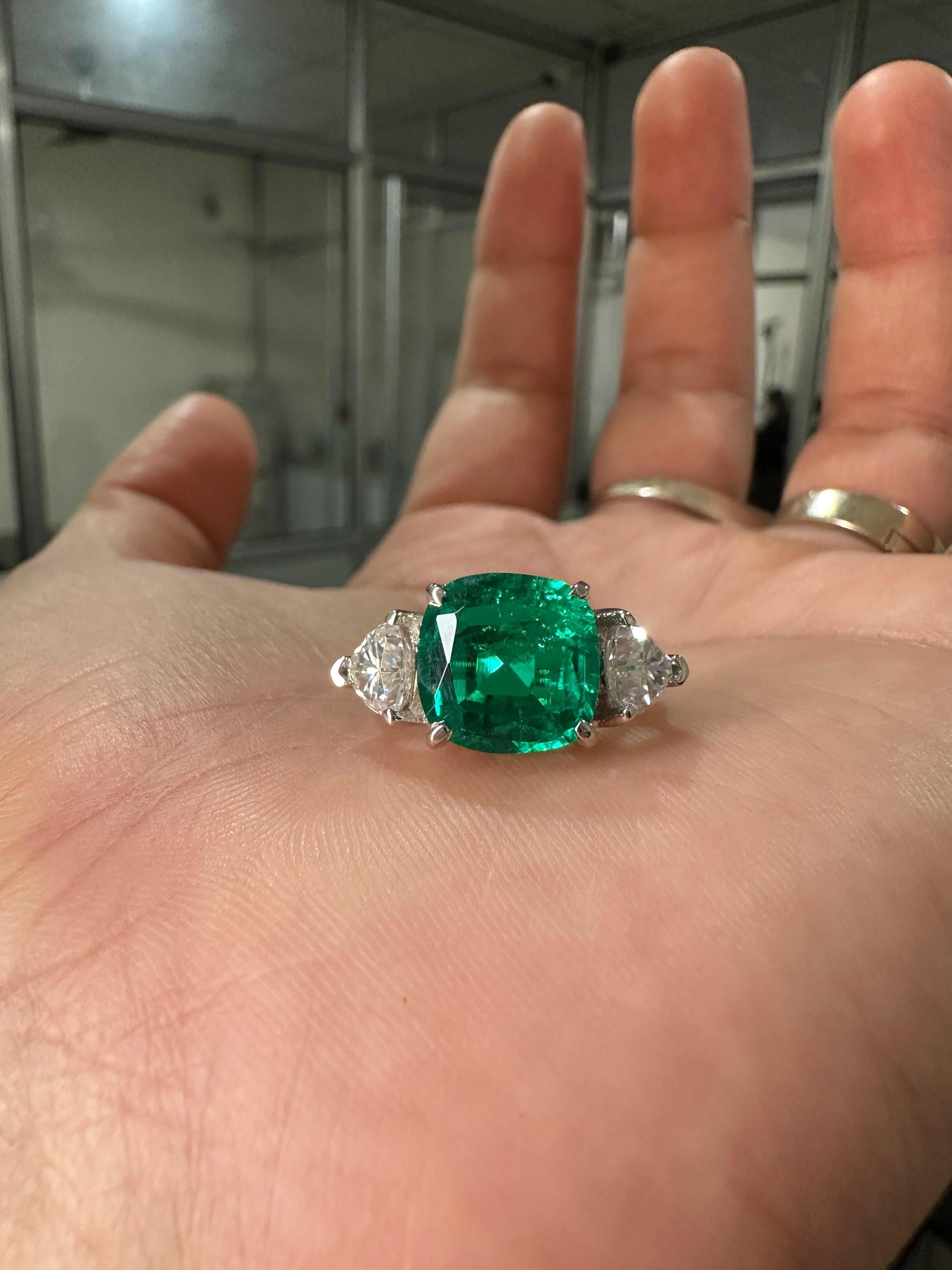 Lab Colombian Emerald Engagement Ring, 6 CT Cushion Cut, 14K White Gold Three Stone Ring