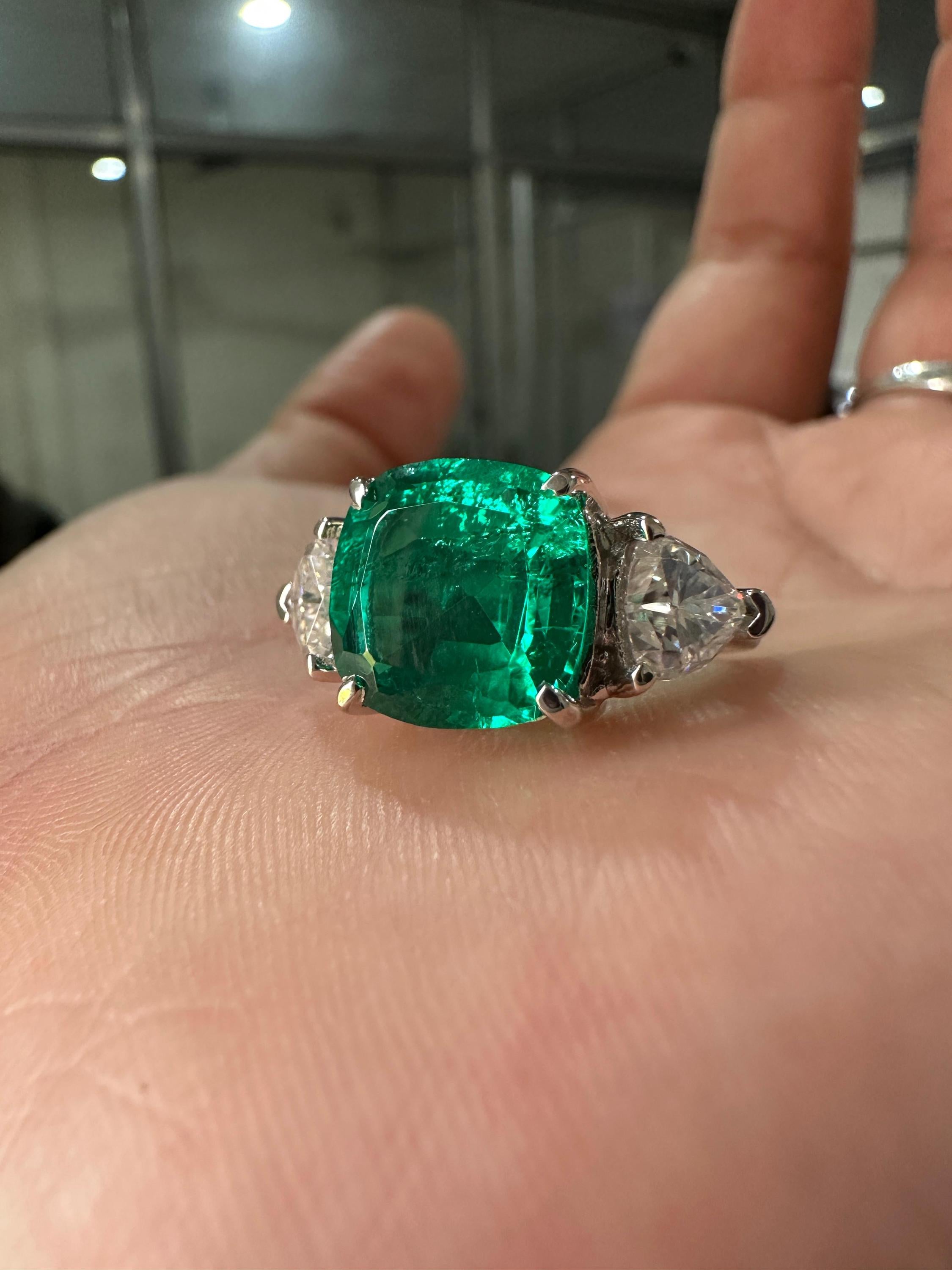 Lab Colombian Emerald Engagement Ring, 6 CT Cushion Cut, 14K White Gold Three Stone Ring