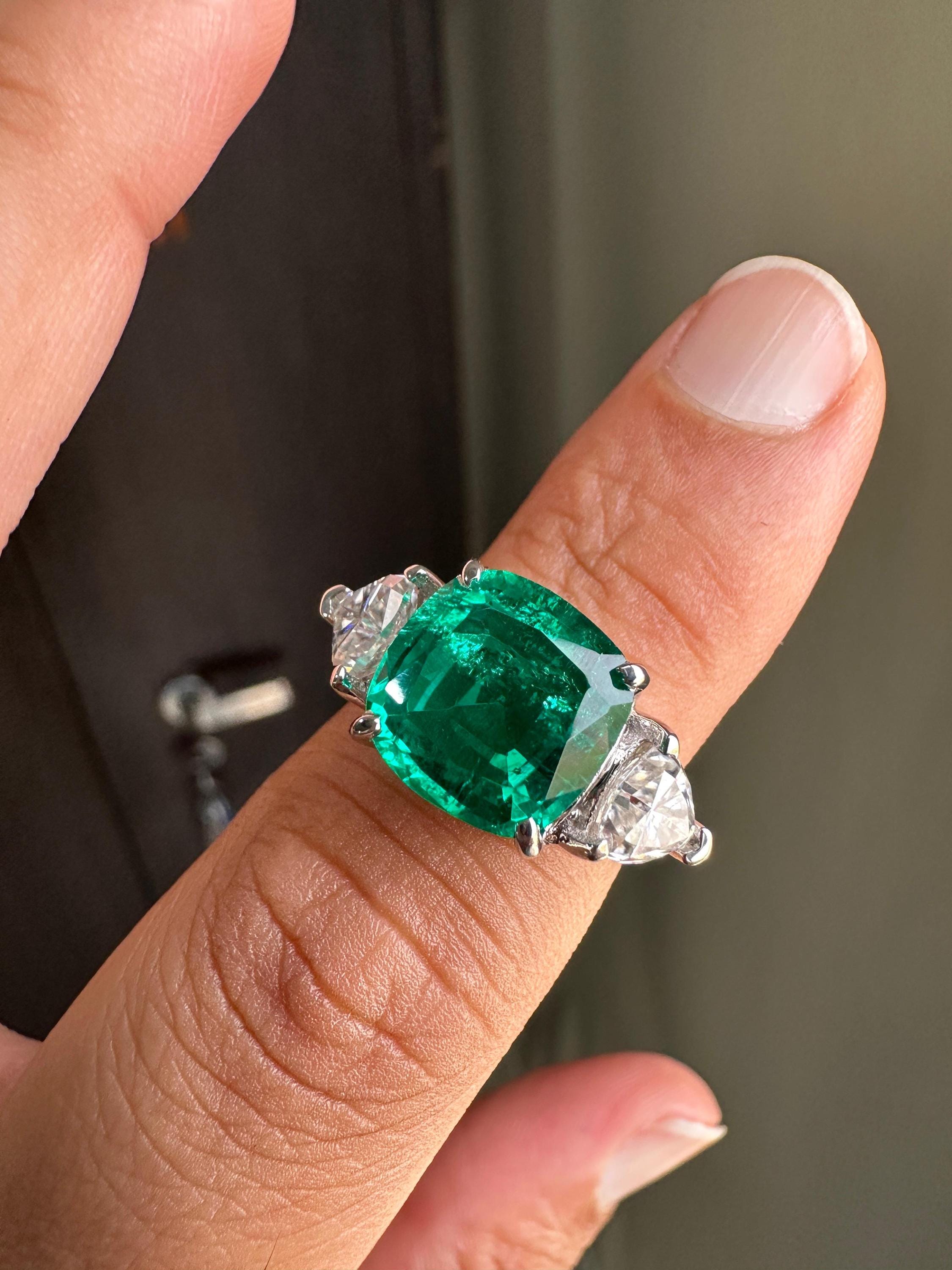 14k White Gold Cushion Emerald Ring | Trillion Moissanite Three Stone Ring