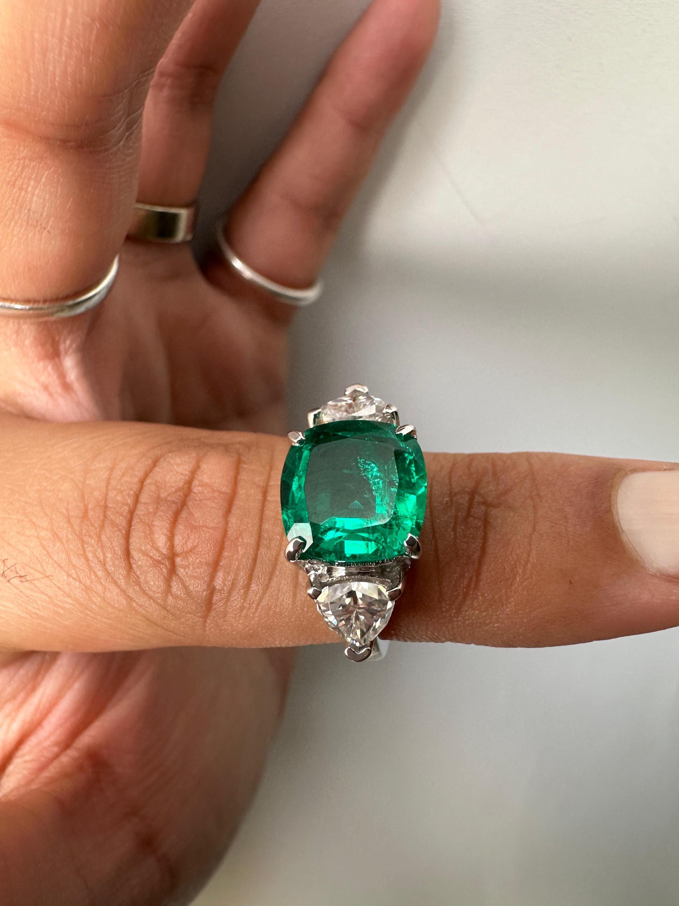 Lab Colombian Emerald Engagement Ring, 6 CT Cushion Cut, 14K White Gold Three Stone Ring