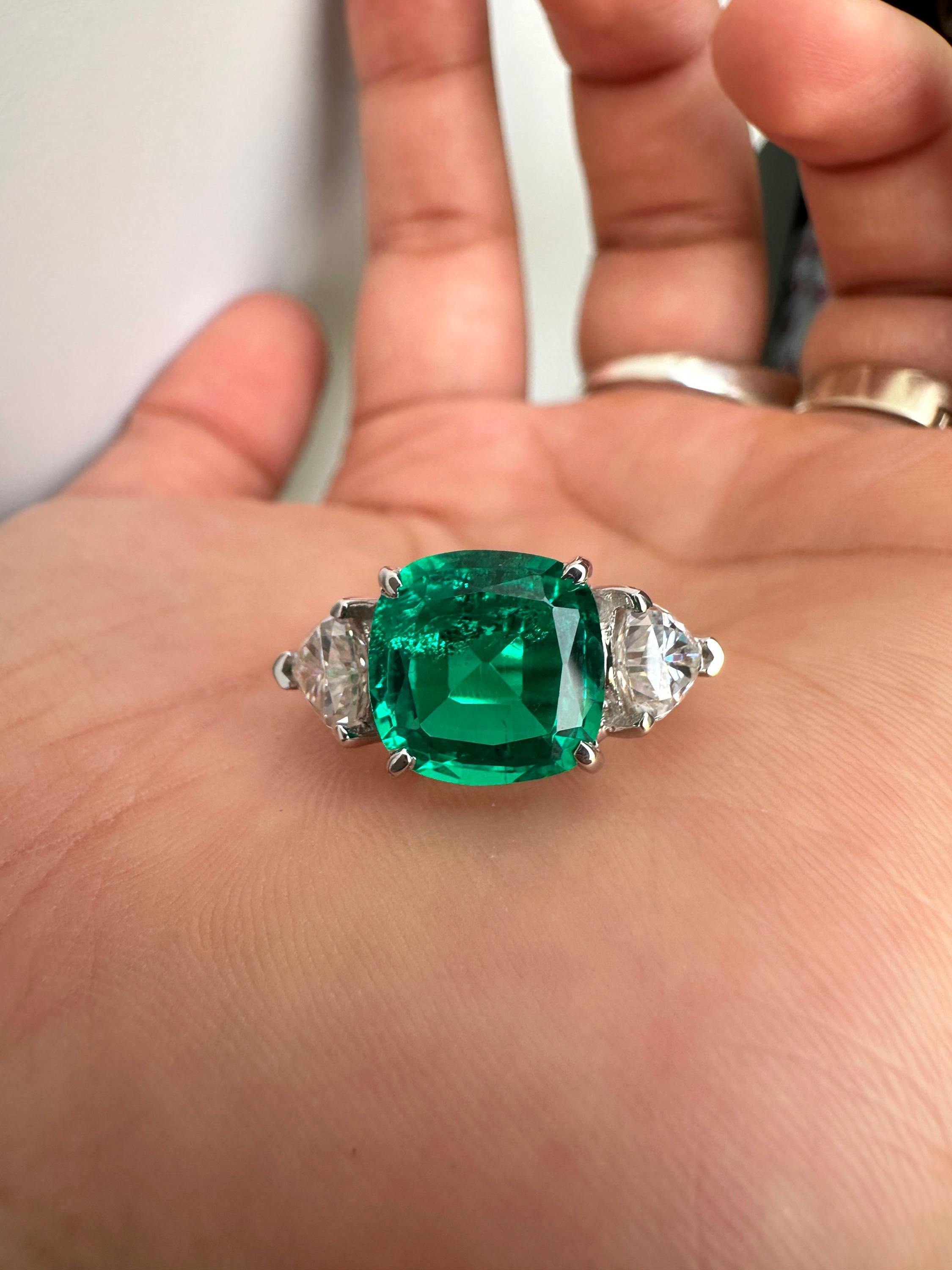 14k White Gold Cushion Emerald Ring | Trillion Moissanite Three Stone Ring