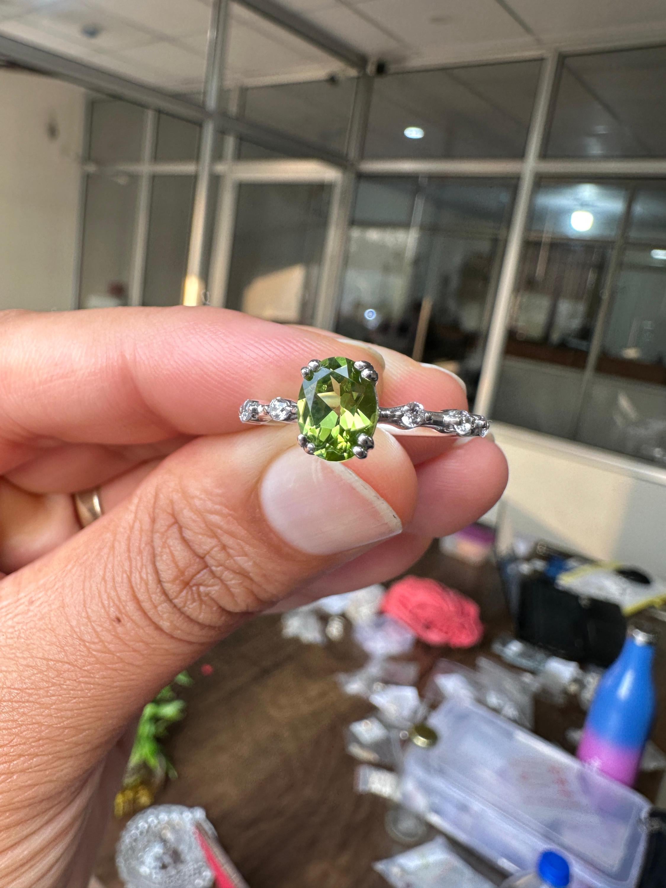 Oval Peridot Moissanite Engagement Ring | 14k White Gold Finish | August Birthstone Jewelry