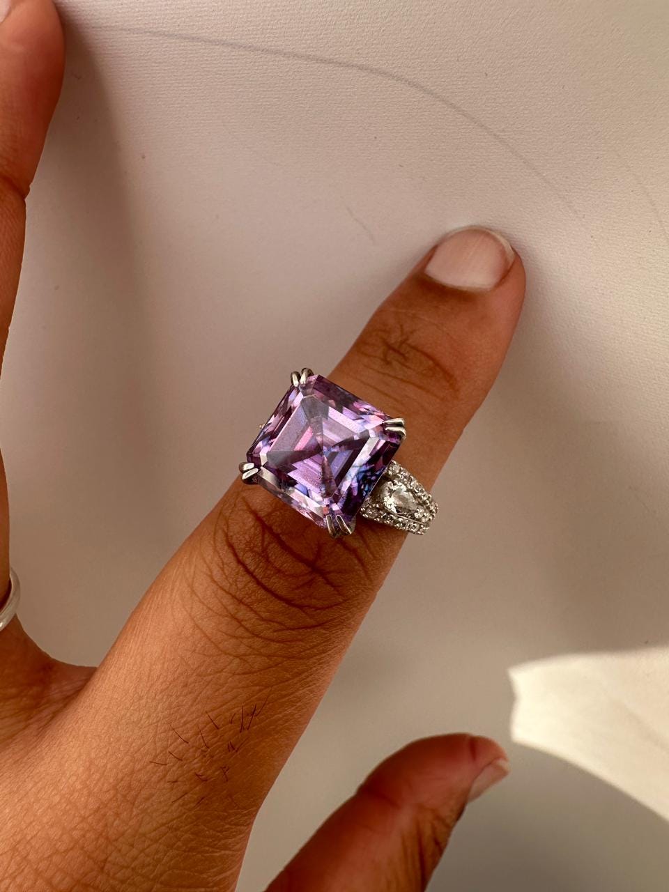 Lavender Asscher Moissanite Ring, 10 CT Luxury Engagement Ring 14k White Gold