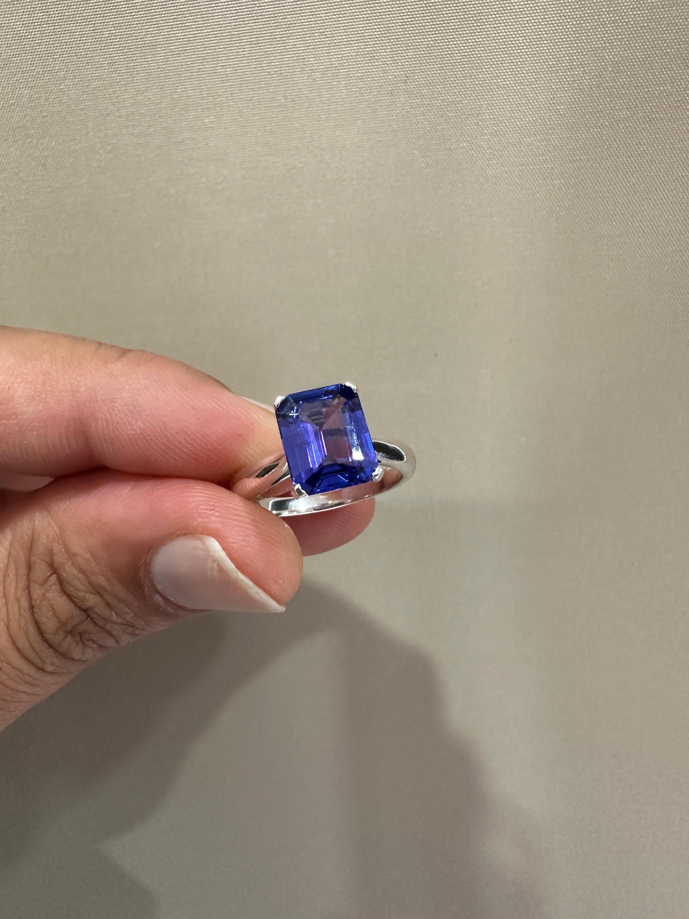 AAAA Tanzanite Engagement Ring | 14k White Gold Emerald Cut Solitaire