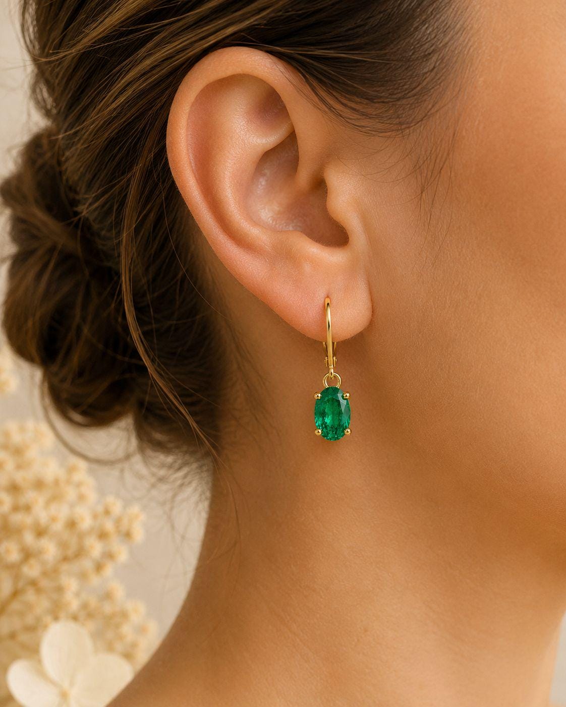 14K Gold Oval Emerald Drop Earrings, Lab Colombian Gemstone Lever Back Jewelry