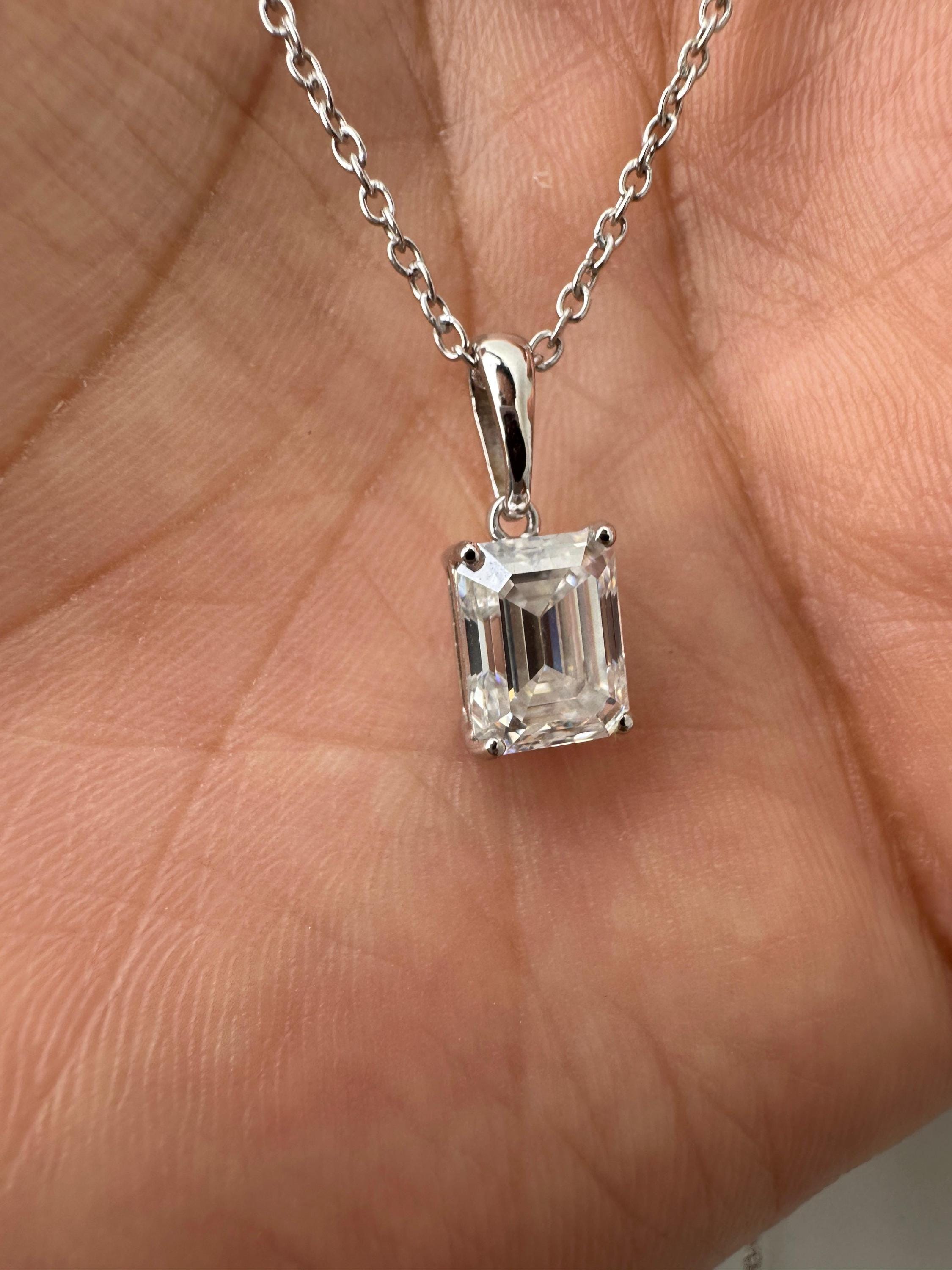2 CT Emerald Cut Moissanite Solitaire Pendant Necklace, 925 Sterling Silver, Minimalist Fine Jewelry