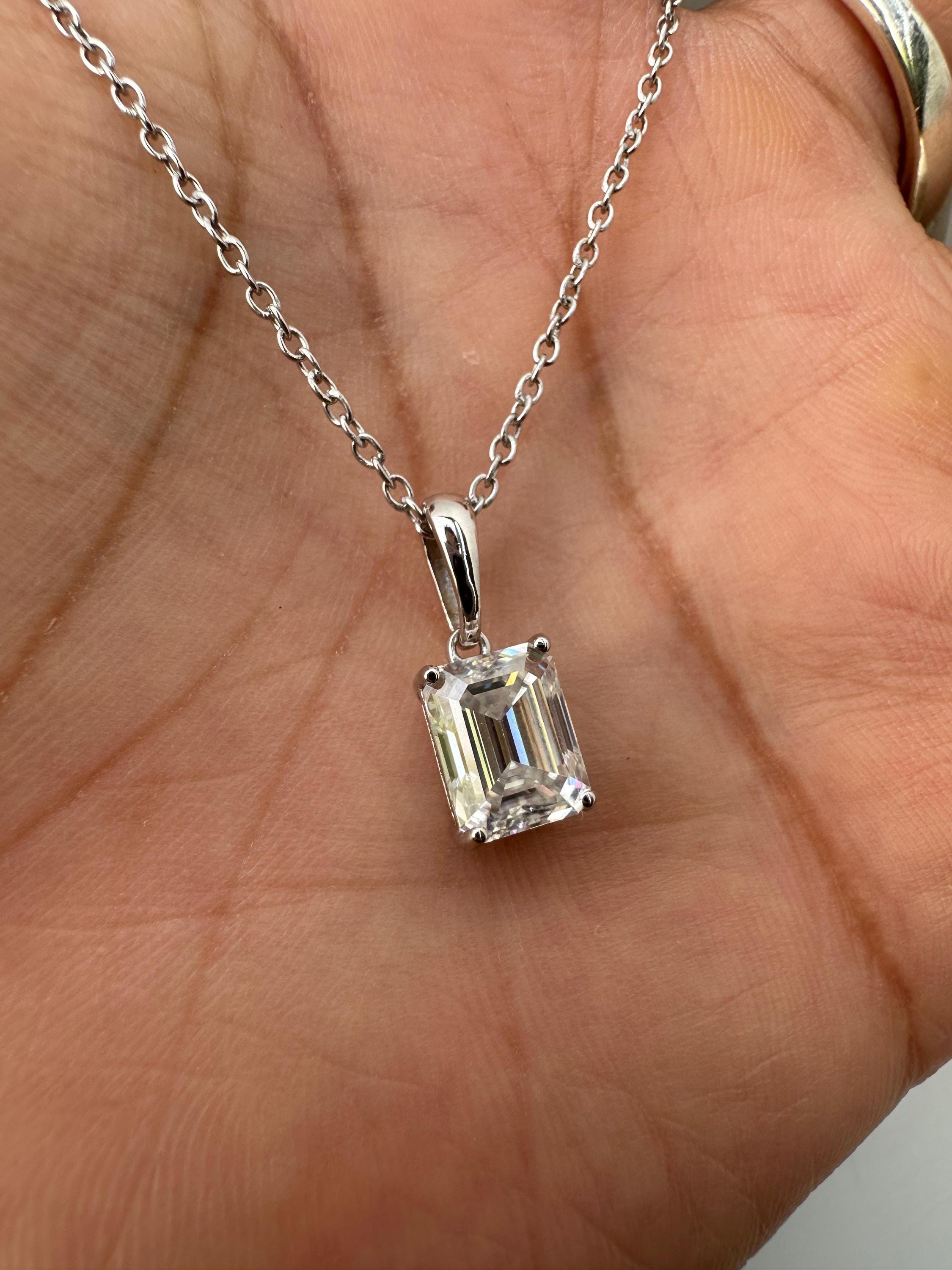 2 CT Emerald Cut Moissanite Solitaire Pendant Necklace, 925 Sterling Silver, Minimalist Fine Jewelry