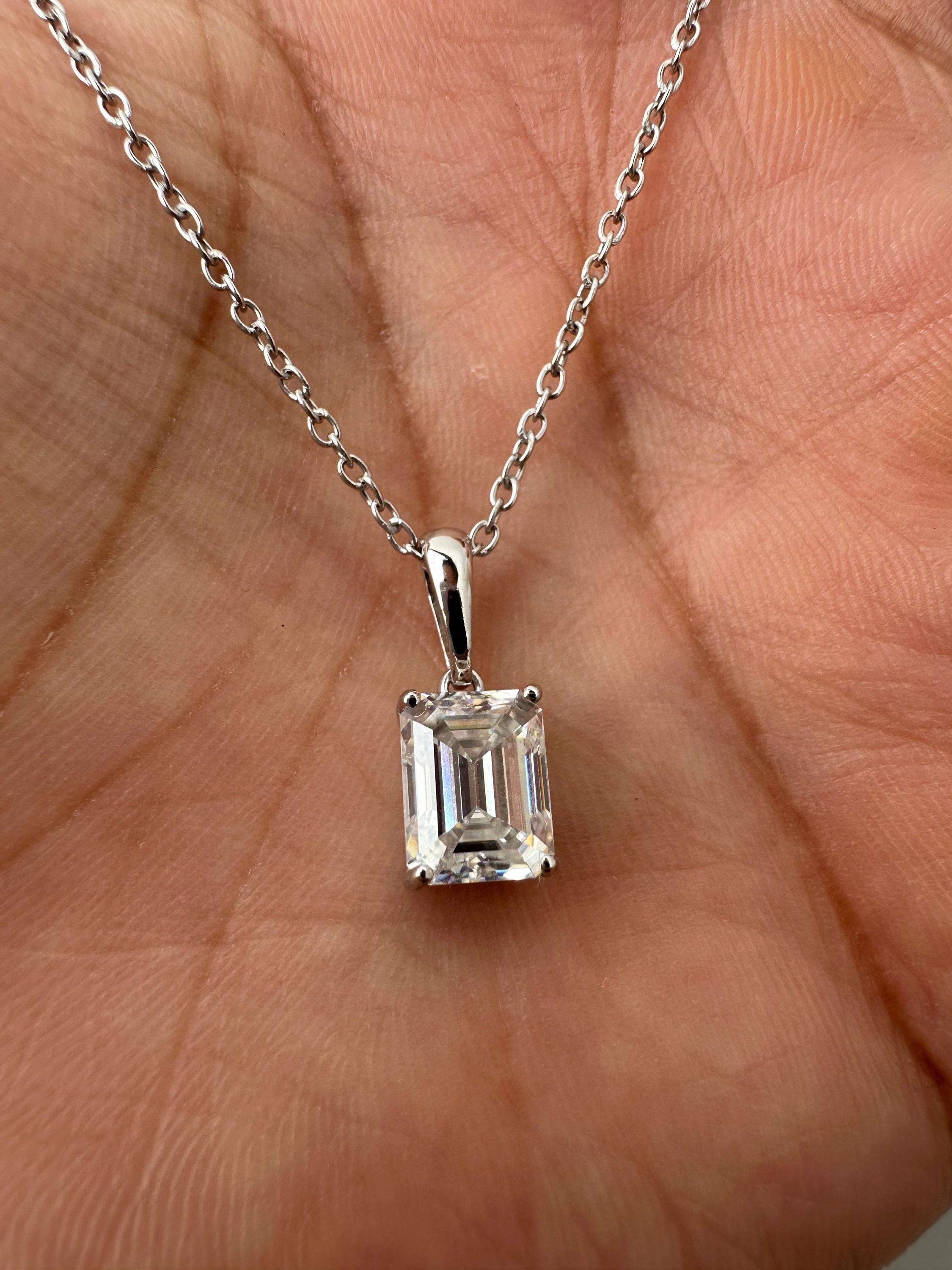 2 CT Emerald Cut Moissanite Solitaire Pendant Necklace, 925 Sterling Silver, Minimalist Fine Jewelry
