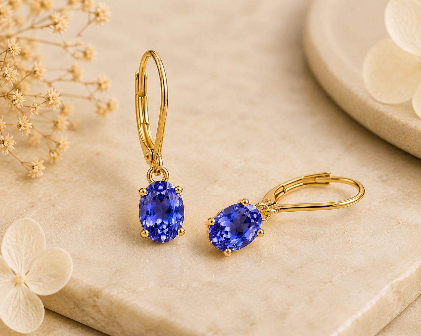 Natural Tanzanite Oval Drop Earrings, 14K Gold Leverback Gemstone Jewelry