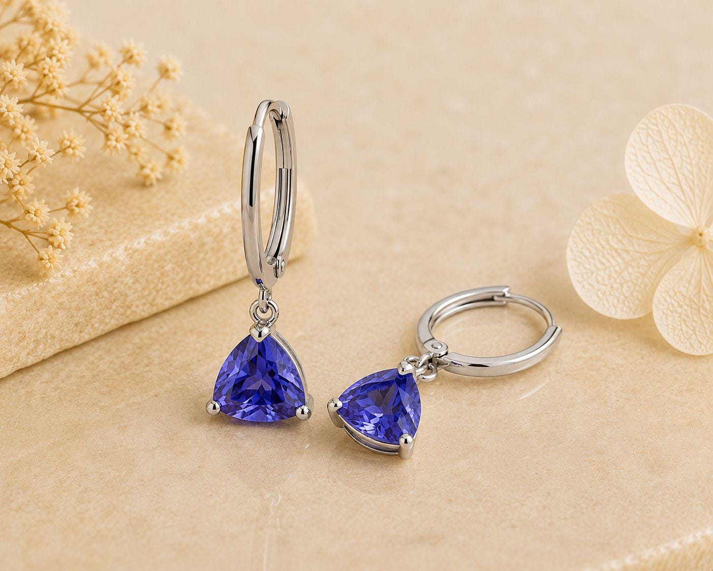 14K White Gold Trillion Tanzanite Hoop Drop Earrings, 2 CT Blue Gemstone Dangle Jewelry