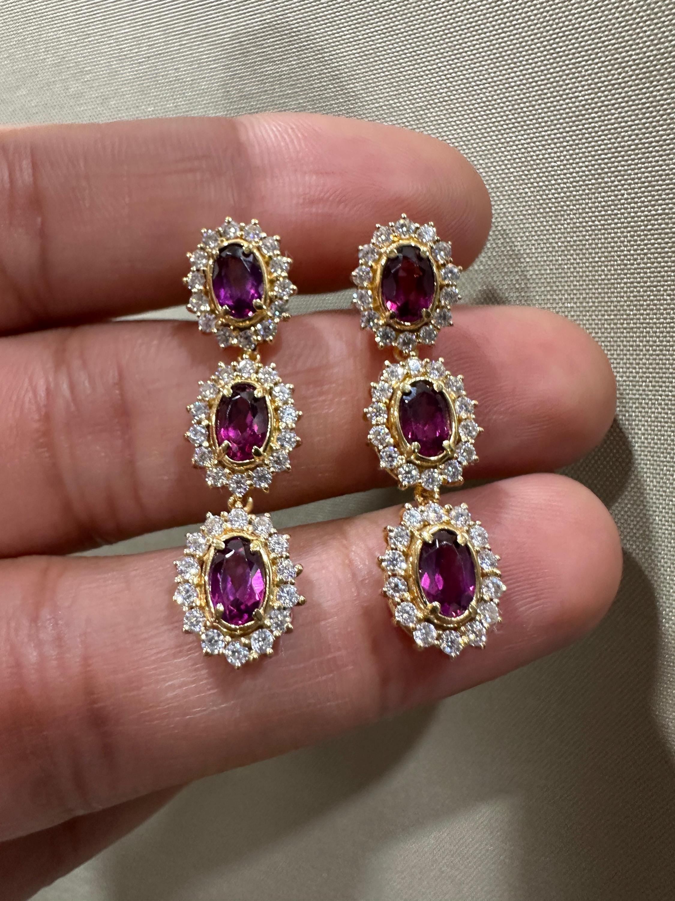 Rhodolite Moissanite Halo Dangle Earrings, 14K Gold Vermeil, Vintage Inspired Drop Style