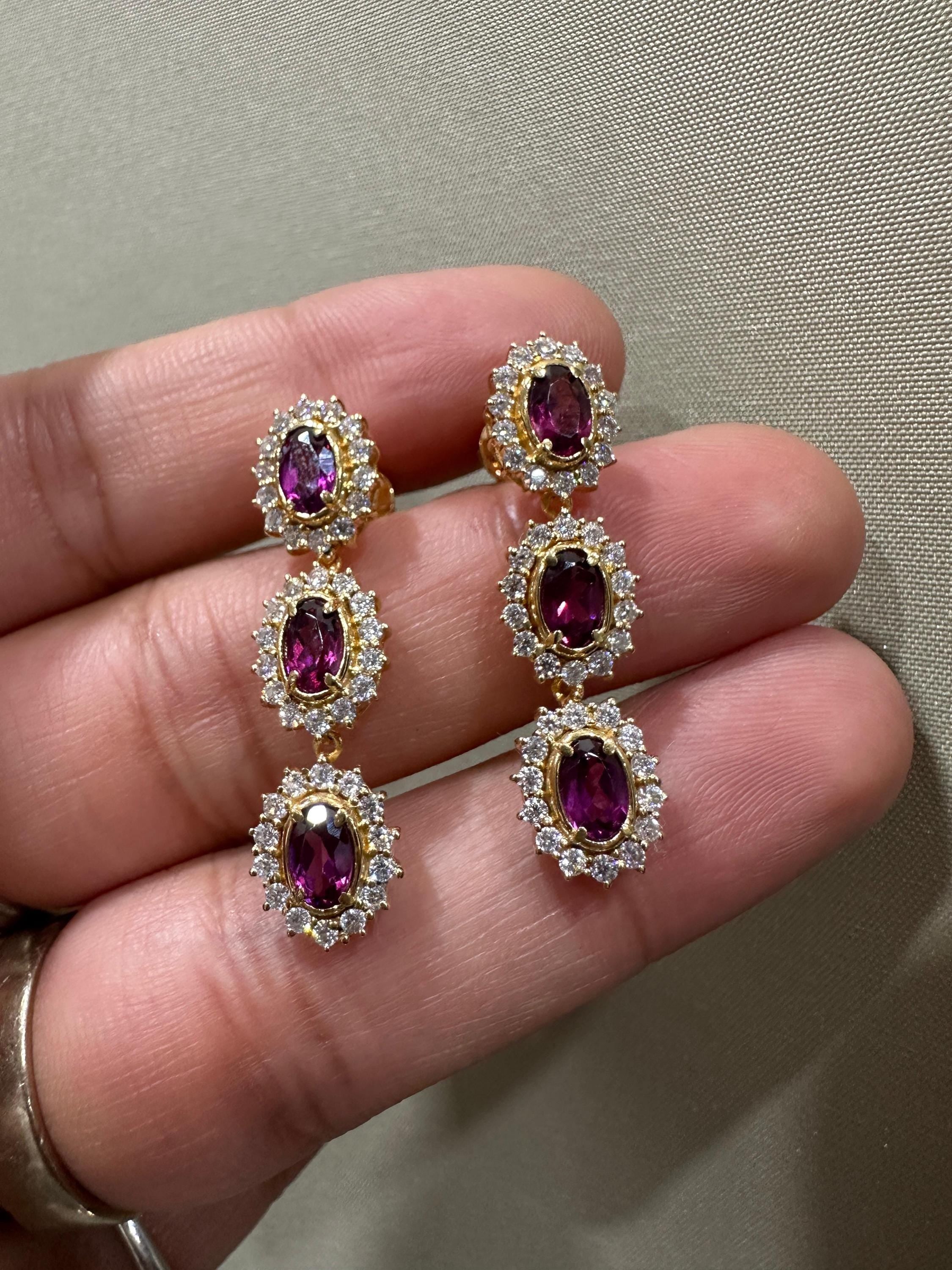 Rhodolite Moissanite Halo Dangle Earrings, 14K Gold Vermeil, Vintage Inspired Drop Style