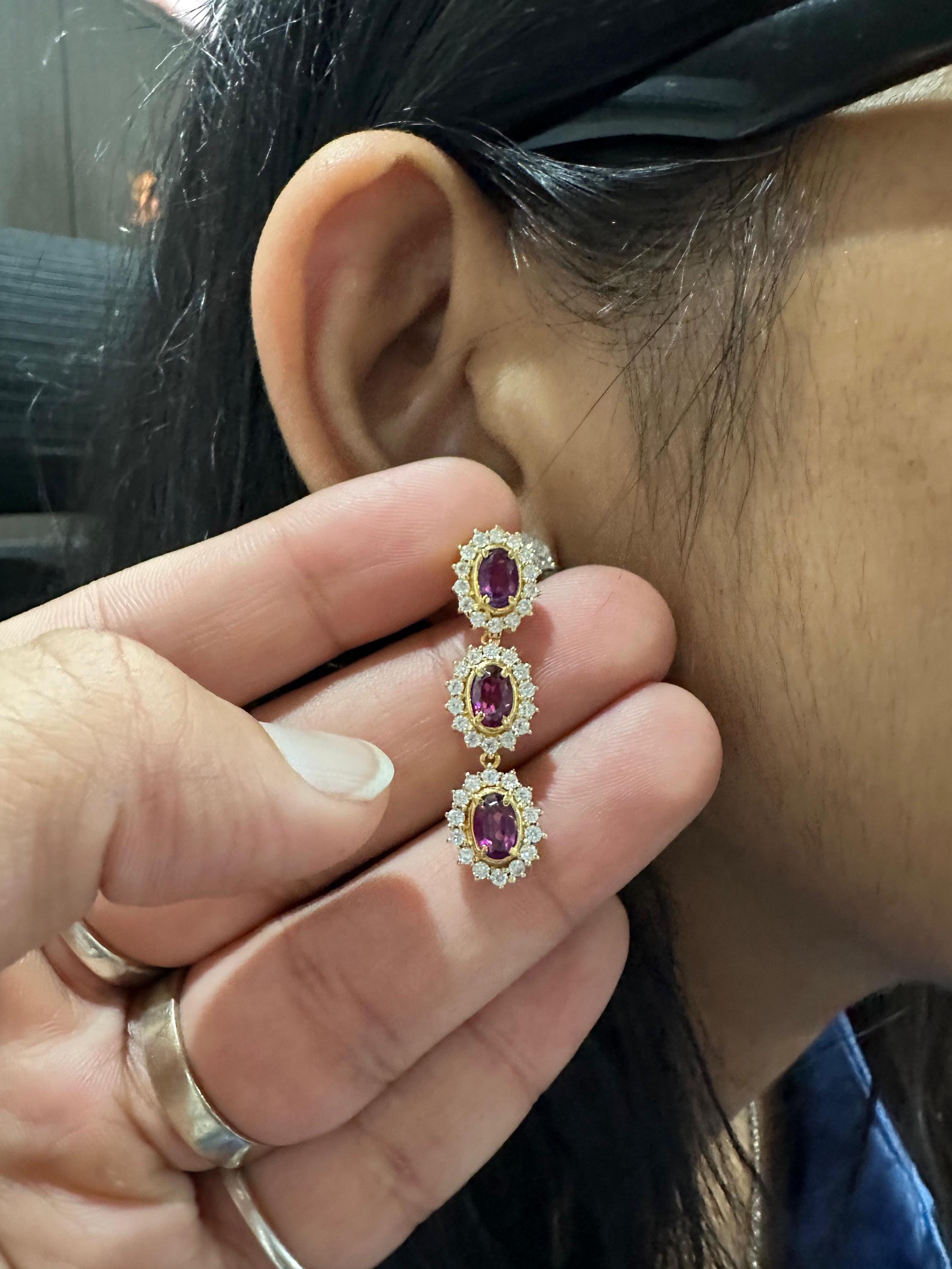 Rhodolite Moissanite Halo Dangle Earrings, 14K Gold Vermeil, Vintage Inspired Drop Style
