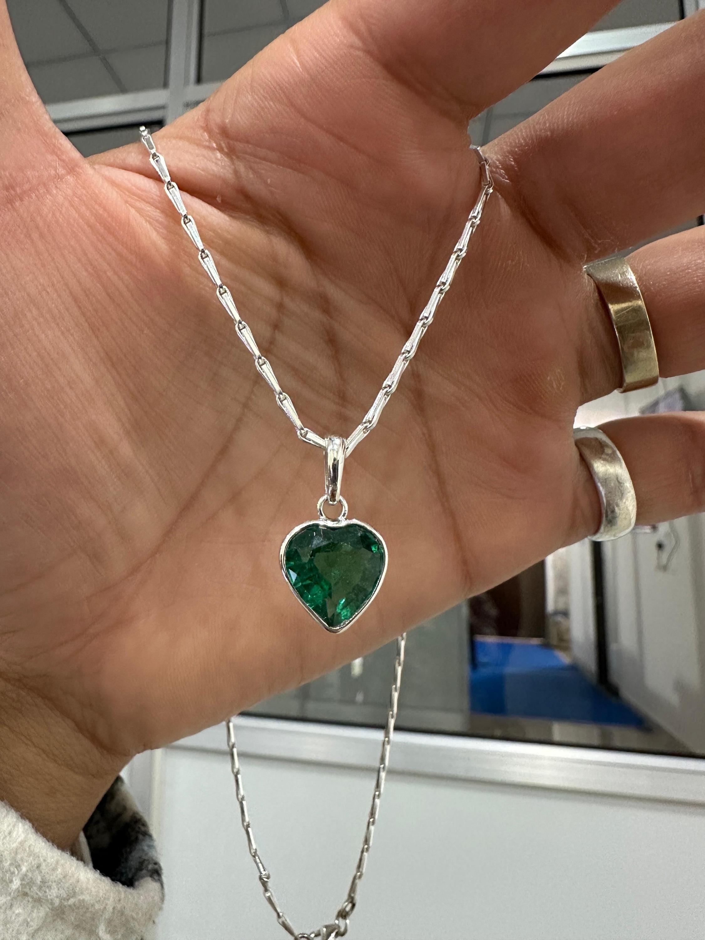 Heart Shaped Emerald Solitaire Pendant | Handmade 925 Sterling Silver Necklace