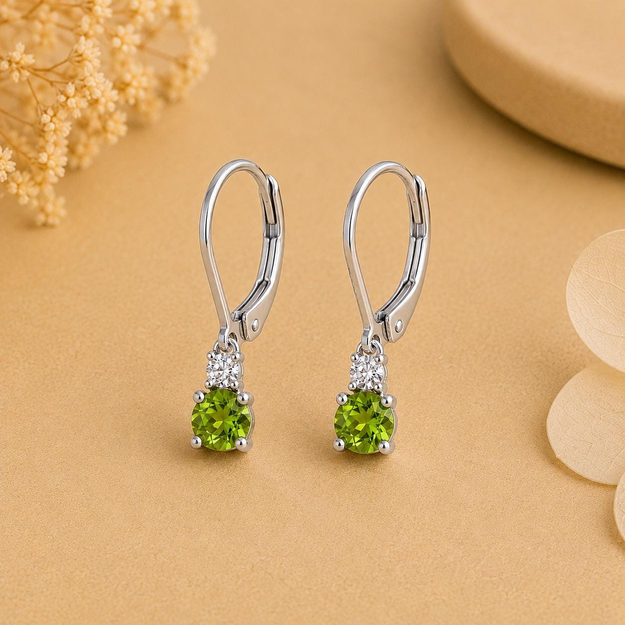 Peridot Moissanite Lever Back Drop Earrings in 925 Sterling Silver, Elegant Gift for Her