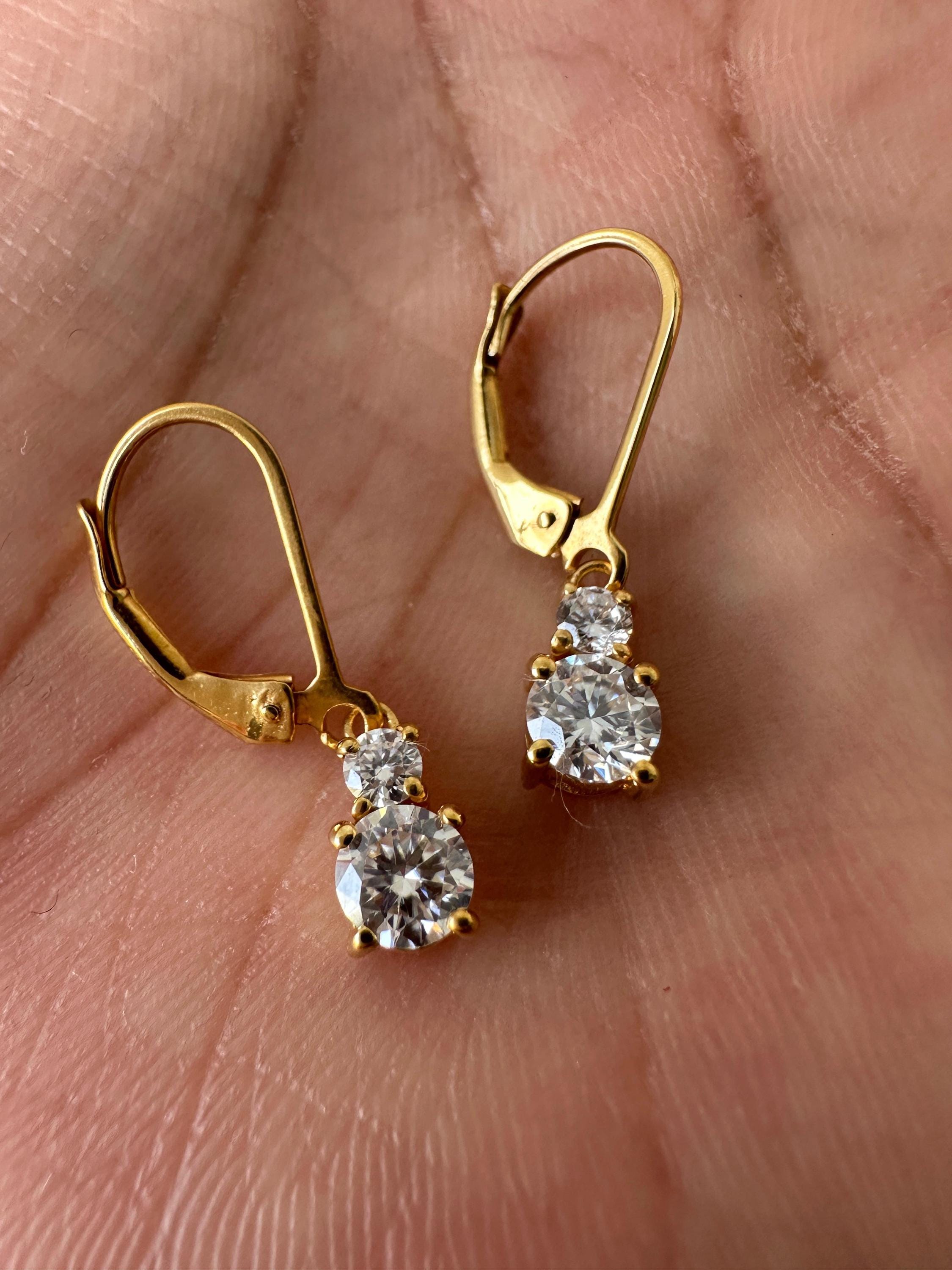 Moissanite Lever Back Drop Earrings 14K Gold, Dainty Minimal Earrings, Elegant Gift for Her