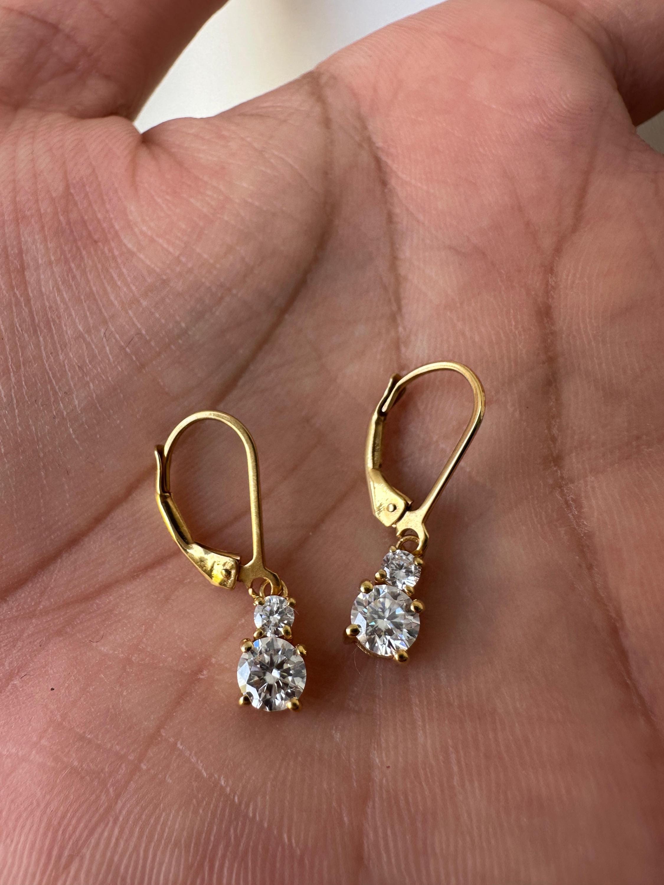 Moissanite Lever Back Drop Earrings 14K Gold, Dainty Minimal Earrings, Elegant Gift for Her