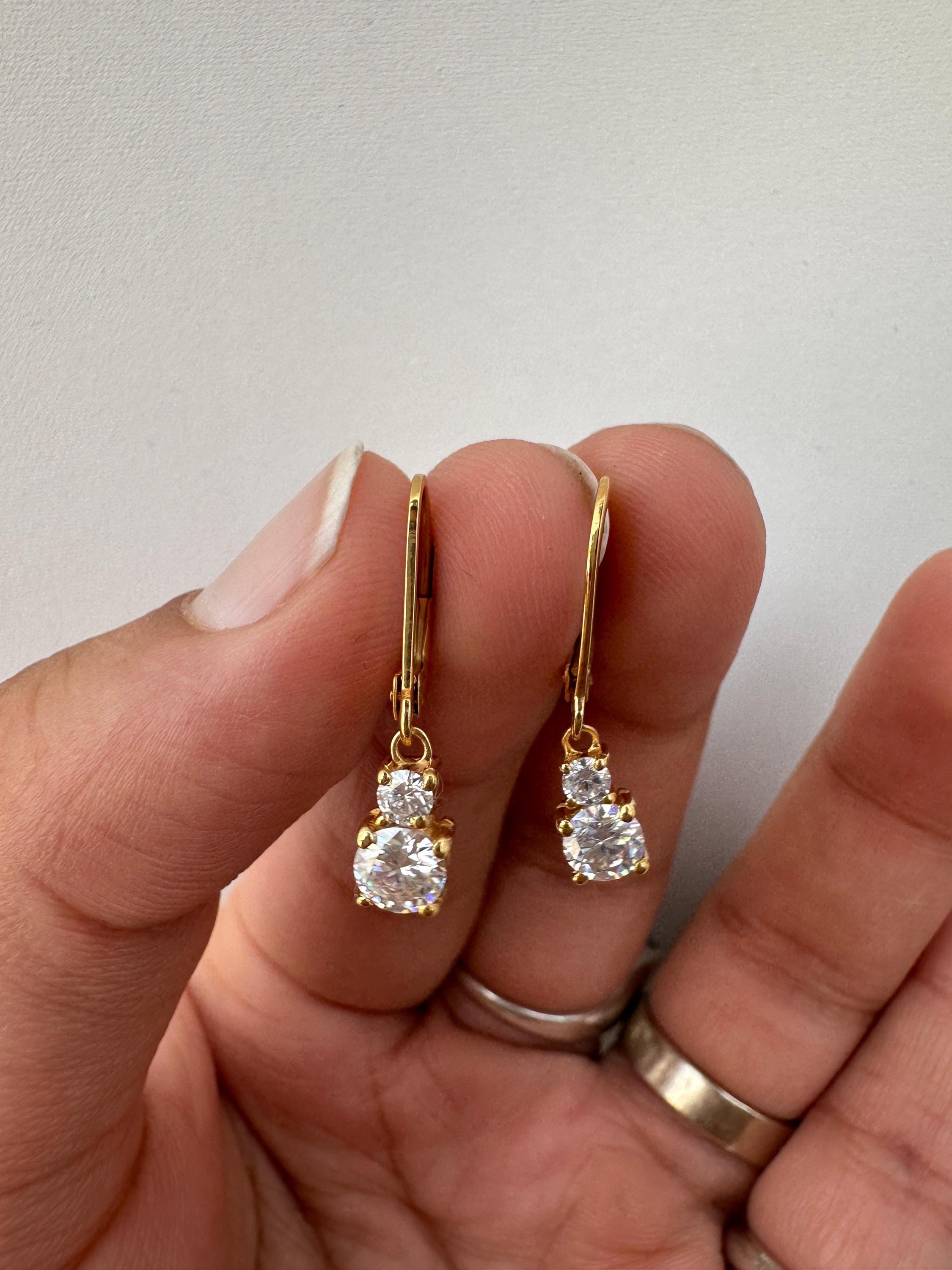Moissanite Lever Back Drop Earrings 14K Gold, Dainty Minimal Earrings, Elegant Gift for Her