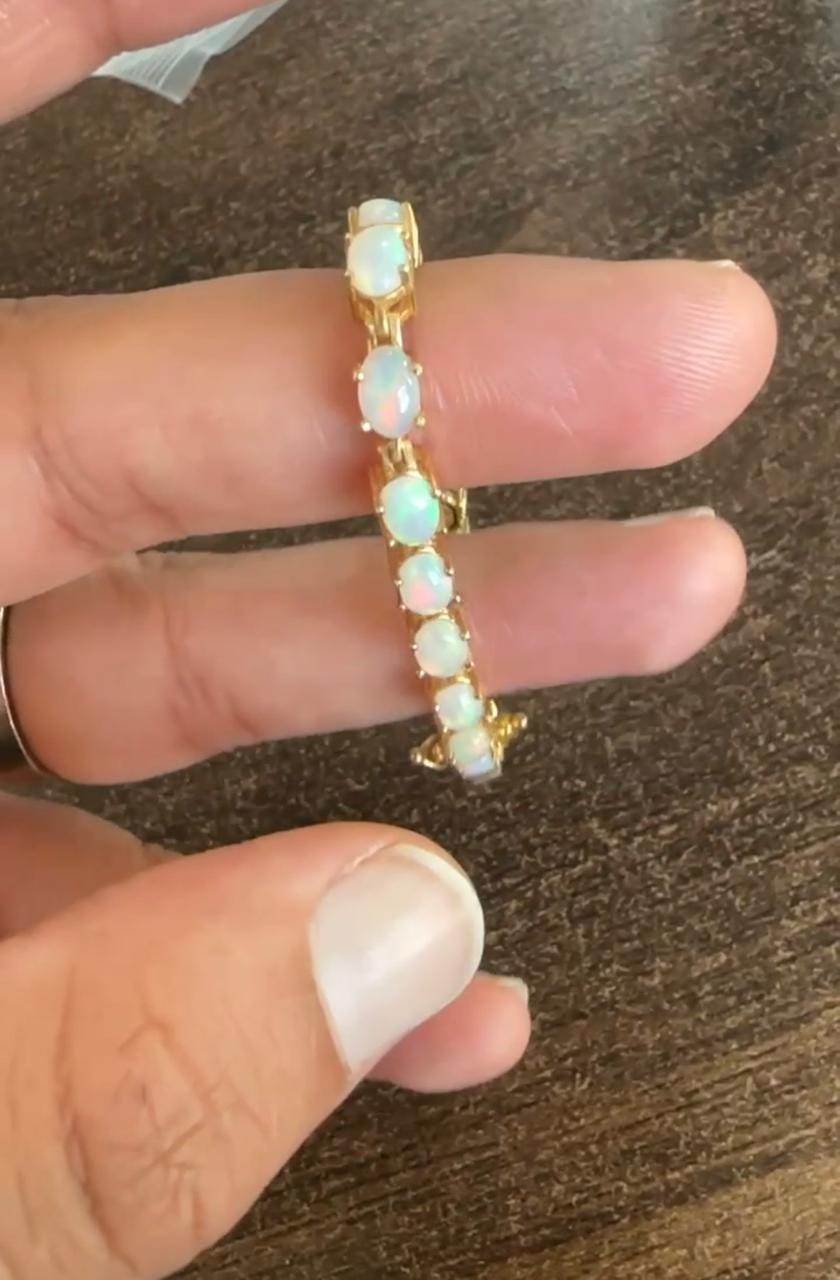 14K Gold Natural Opal Tennis Bracelet, Rainbow Fire Gemstone Jewelry, October Birthstone