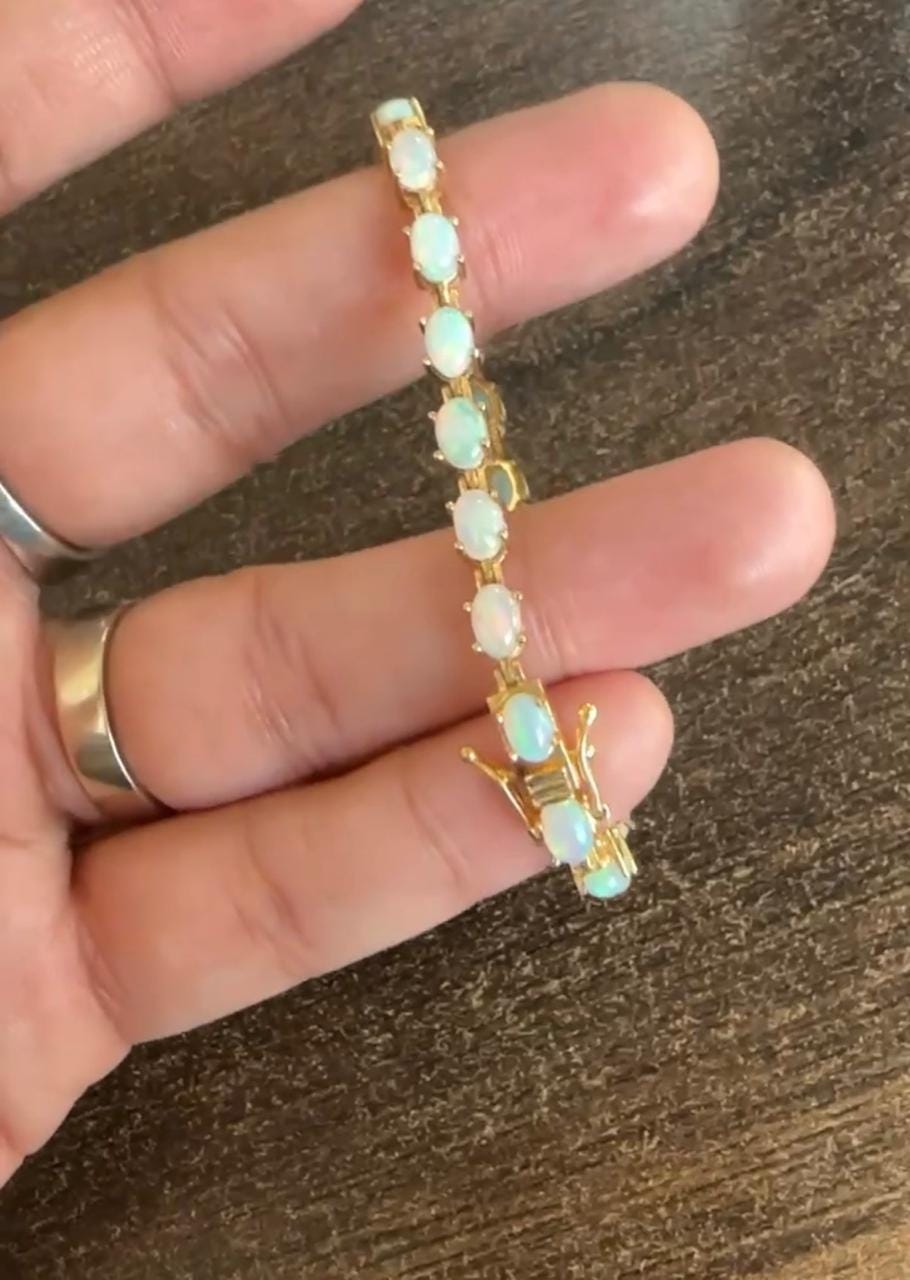 14K Gold Natural Opal Tennis Bracelet, Rainbow Fire Gemstone Jewelry, October Birthstone