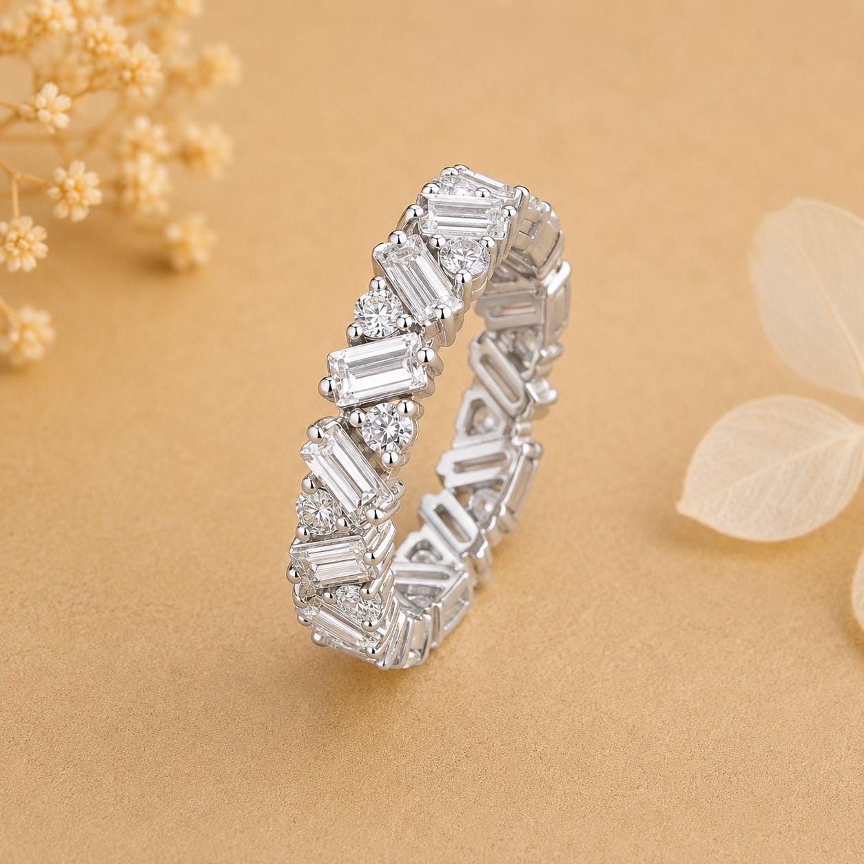 Moissanite Baguette and Round Eternity Band Ring in 925 Silver, Luxury Wedding Band, Elegant Gift for Her