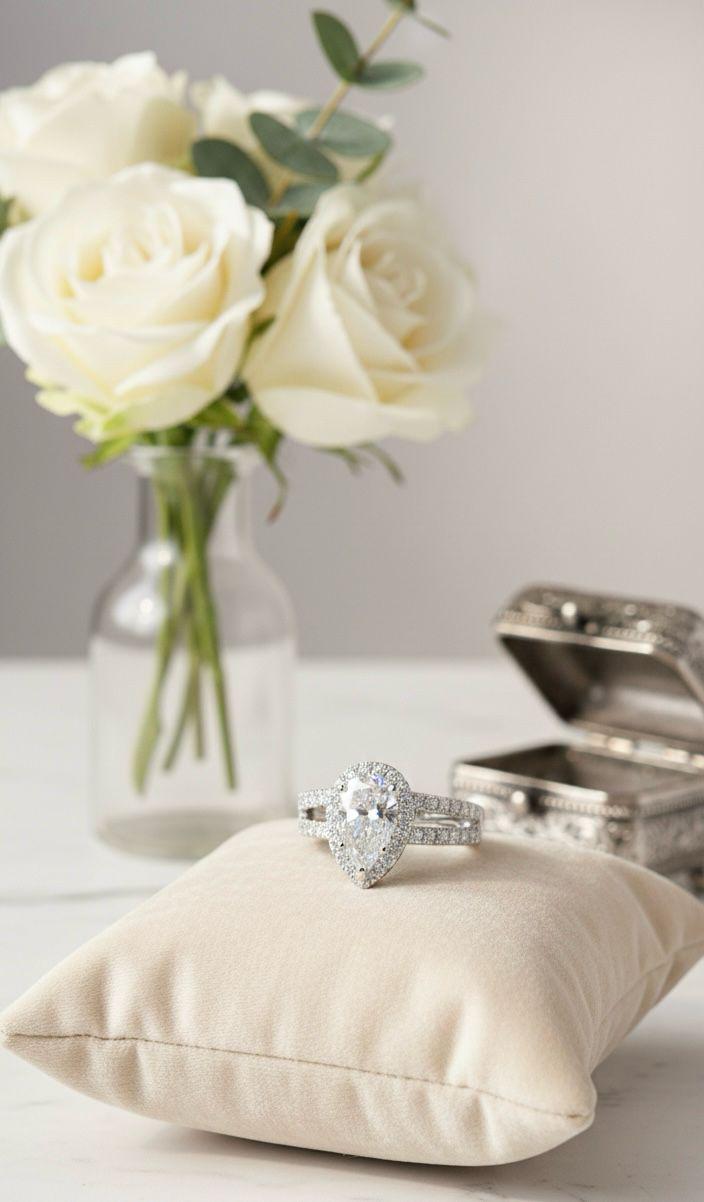 Pear Cut Moissanite Halo Split Band Engagement Ring in 14K White Gold Finish, Pear Shaped Bridal Ring, Luxury Promise Ring Gift for Her