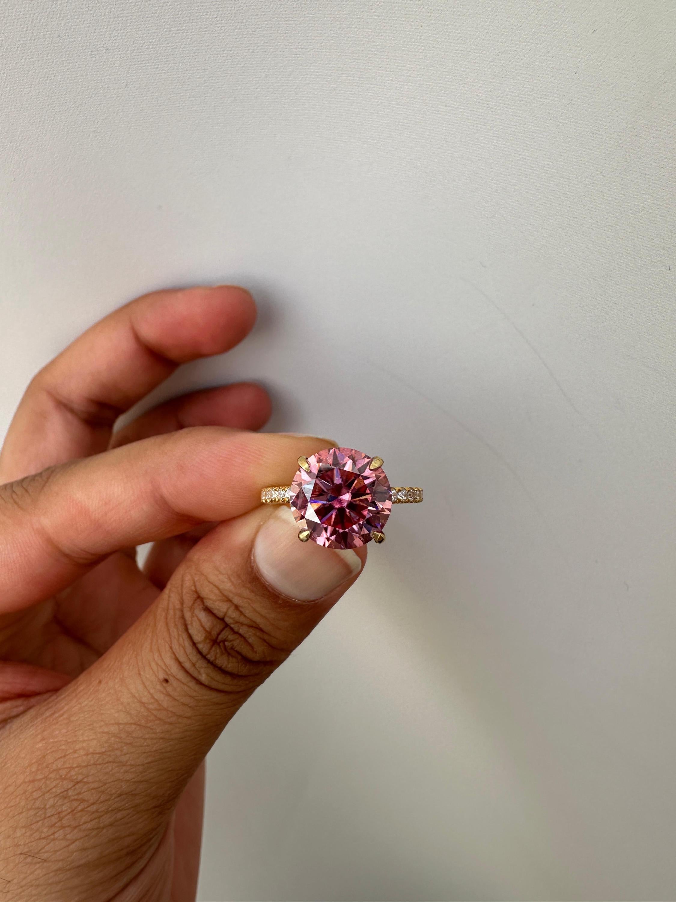 4 CT Pink Moissanite Engagement Ring, Hidden Halo Pavé Band, 14k Gold Vermeil