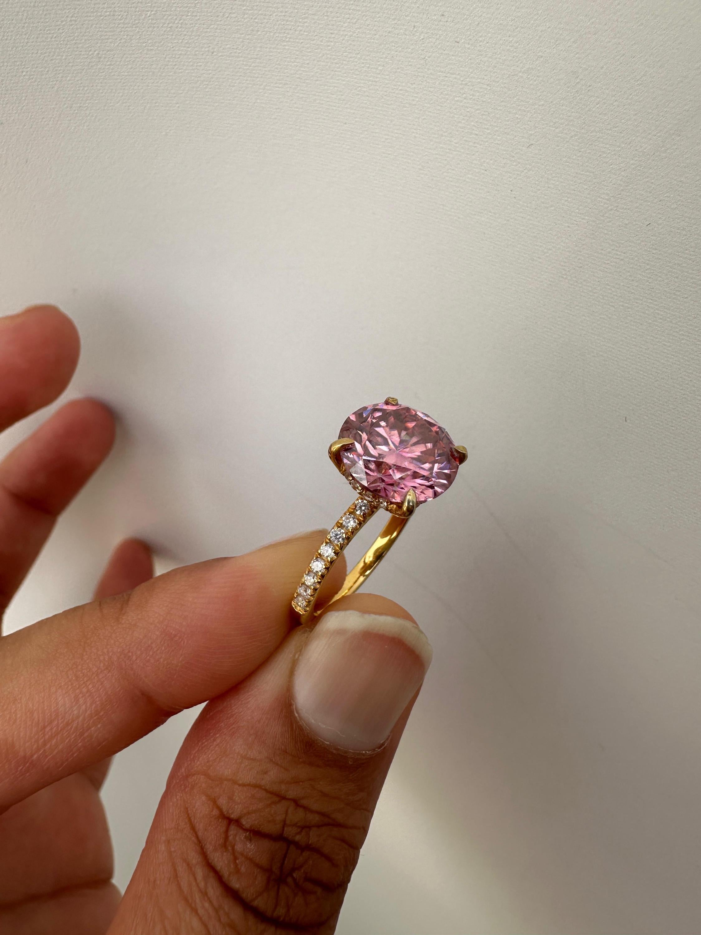 4 CT Pink Moissanite Engagement Ring, Hidden Halo Pavé Band, 14k Gold Vermeil