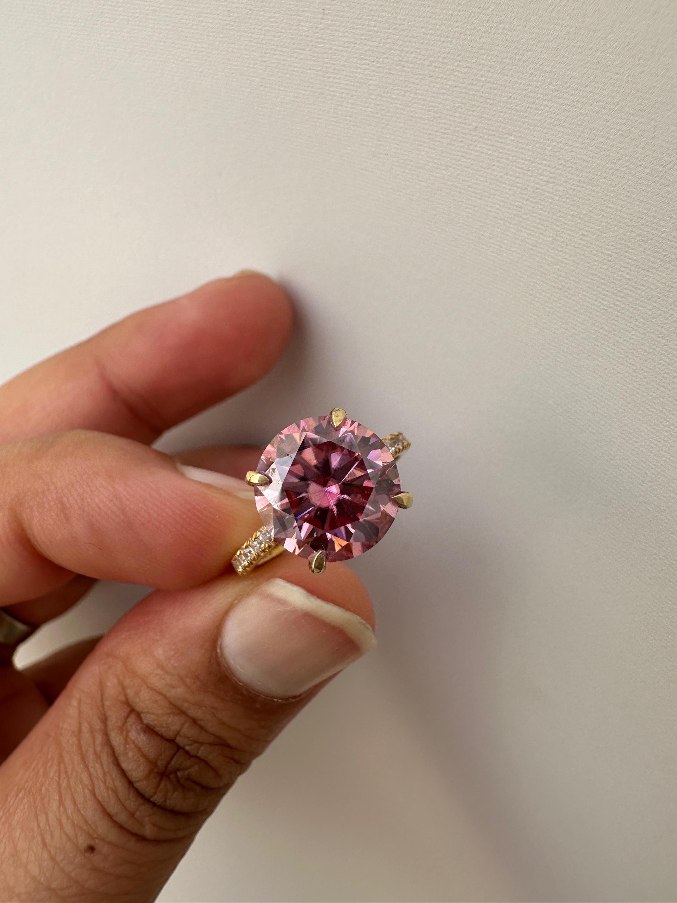 4 CT Pink Moissanite Engagement Ring, Hidden Halo Pavé Band, 14k Gold Vermeil