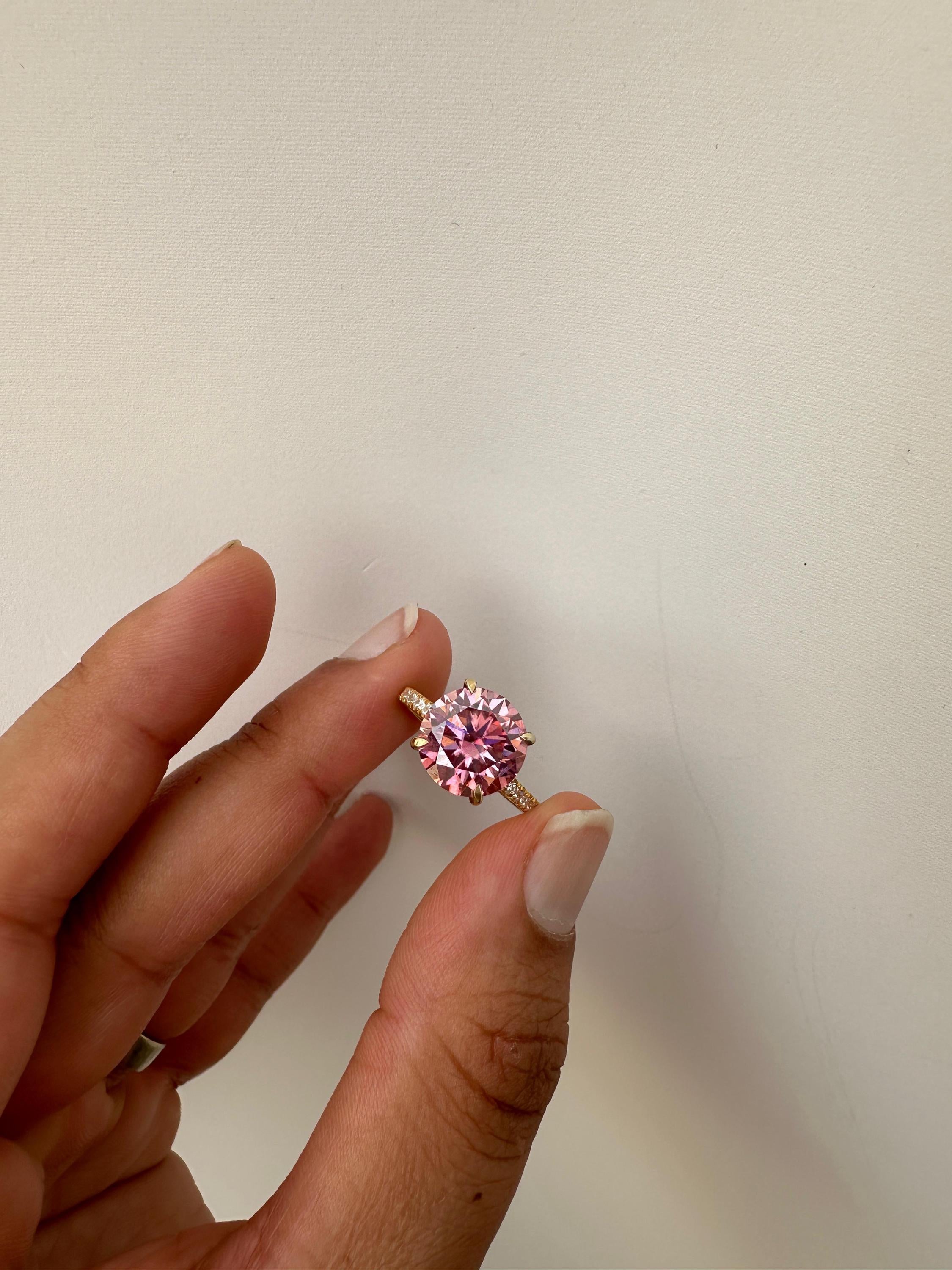 4 CT Pink Moissanite Engagement Ring, Hidden Halo Pavé Band, 14k Gold Vermeil