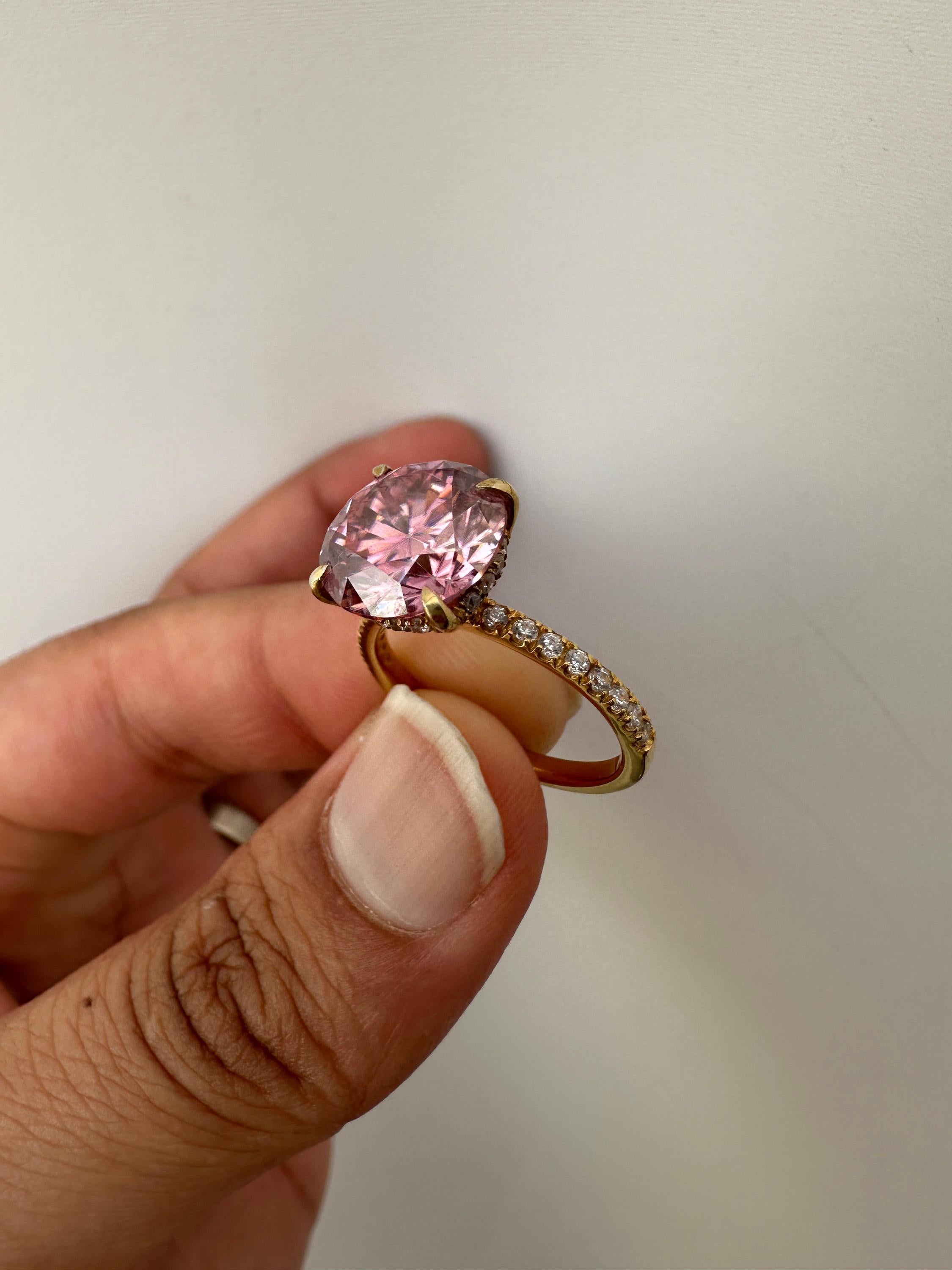4 CT Pink Moissanite Engagement Ring, Hidden Halo Pavé Band, 14k Gold Vermeil