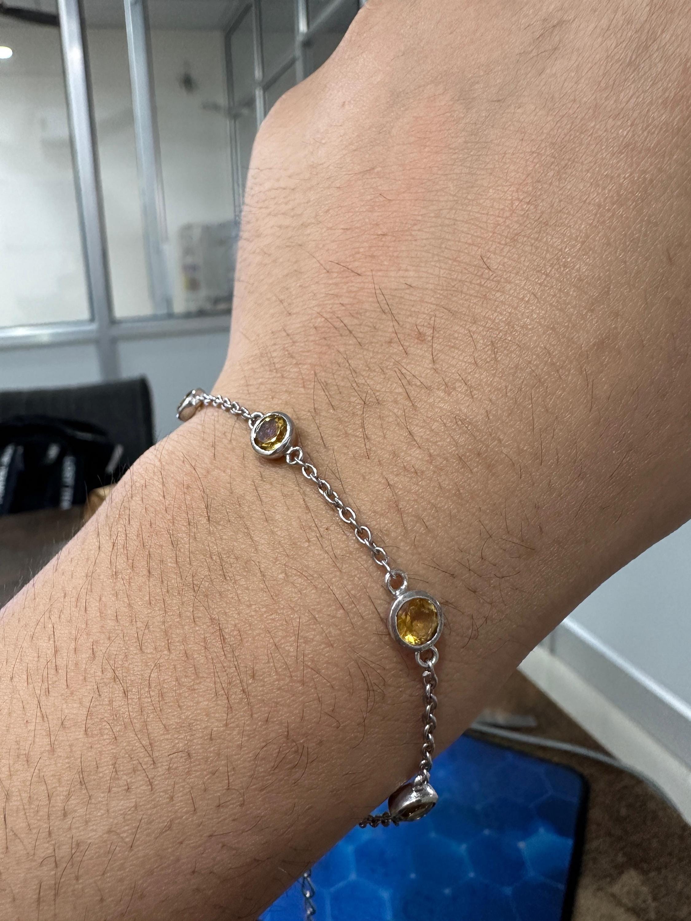 Natural Citrine Chain Bracelet, 925 Silver, Dainty Gemstone Bracelet, Gift for Him or Her