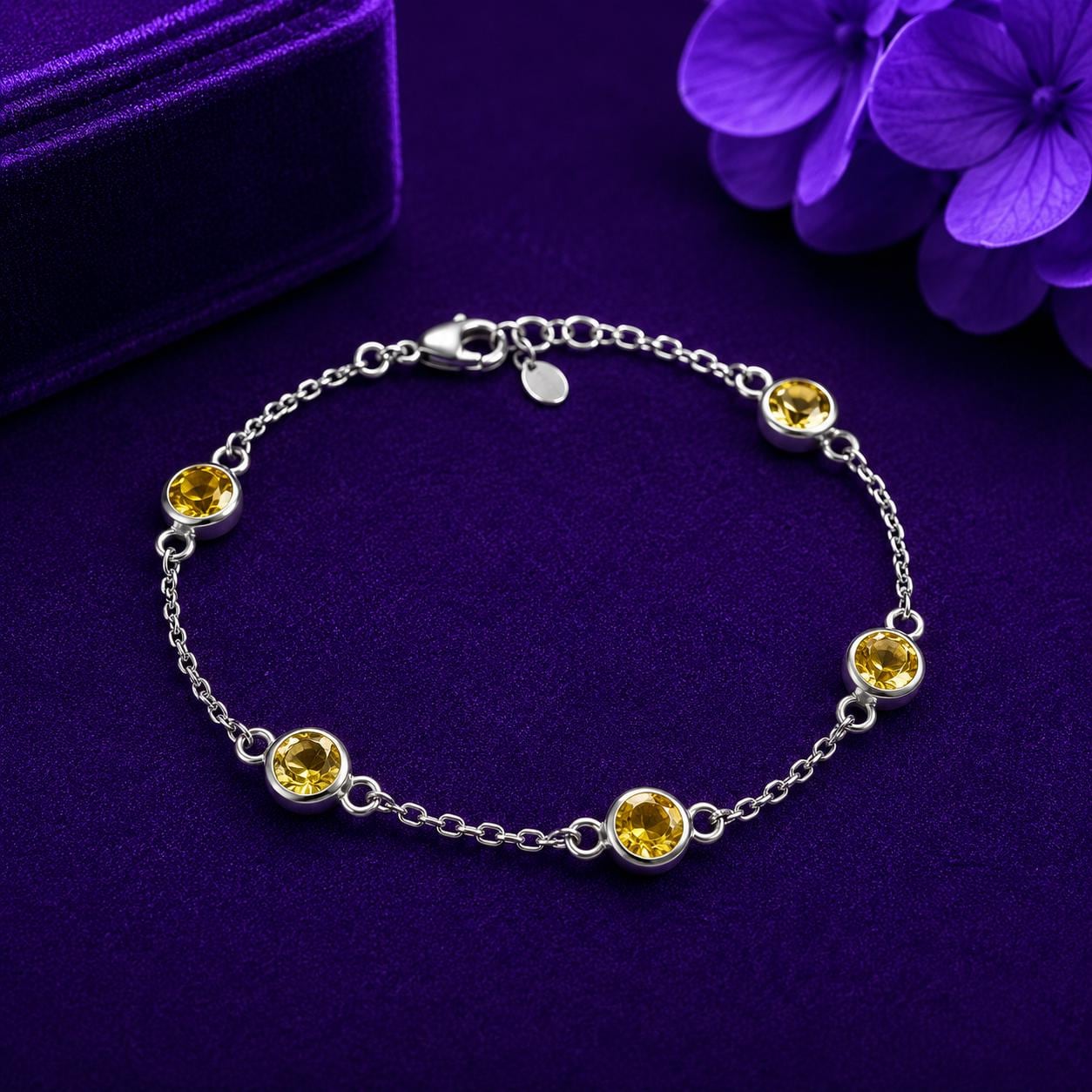 Natural Citrine Chain Bracelet, 925 Silver, Dainty Gemstone Bracelet, Gift for Him or Her