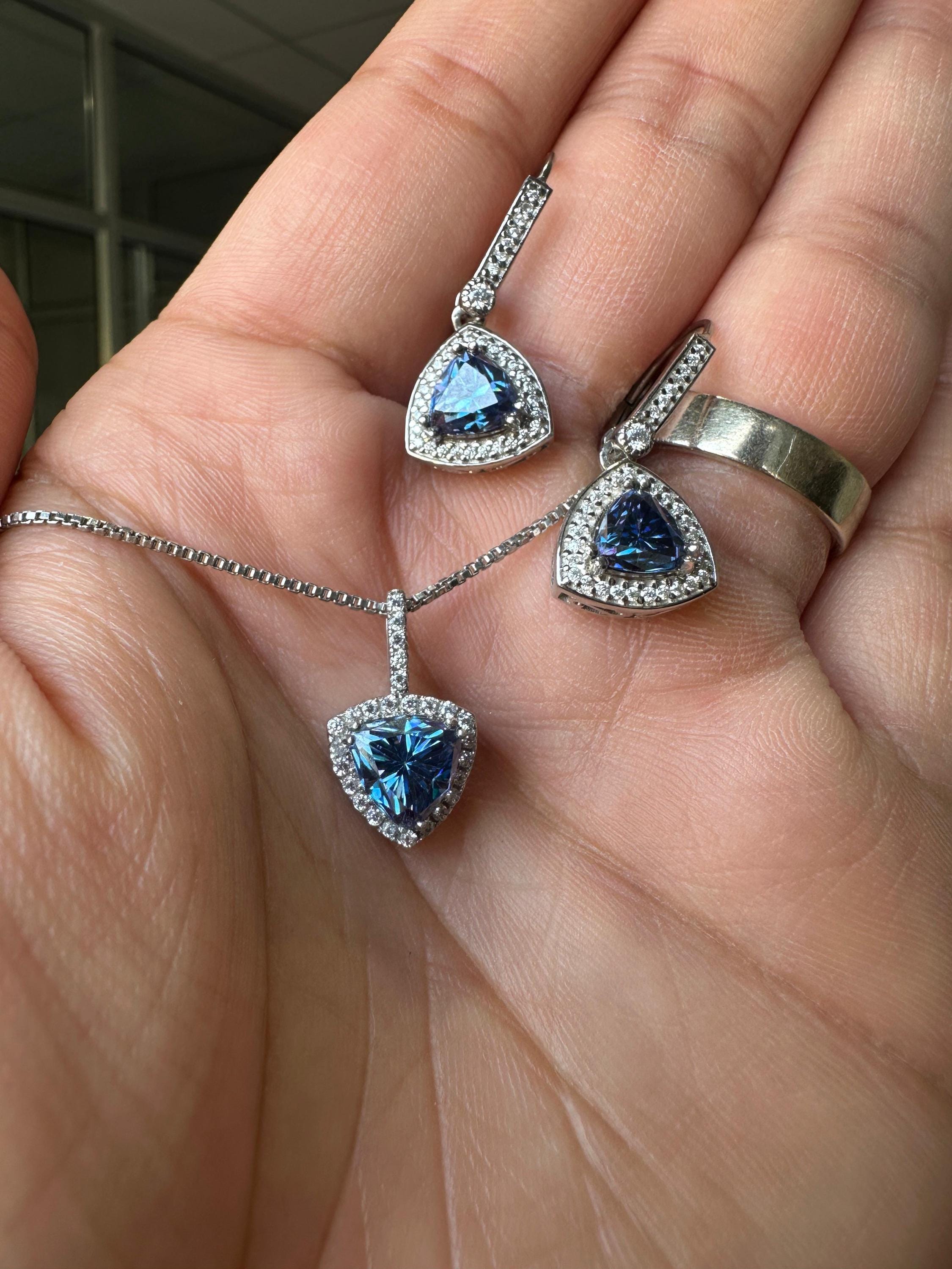 Blue Trillion Moissanite Pendant Earring Set | 925 Sterling Silver Halo Jewelry