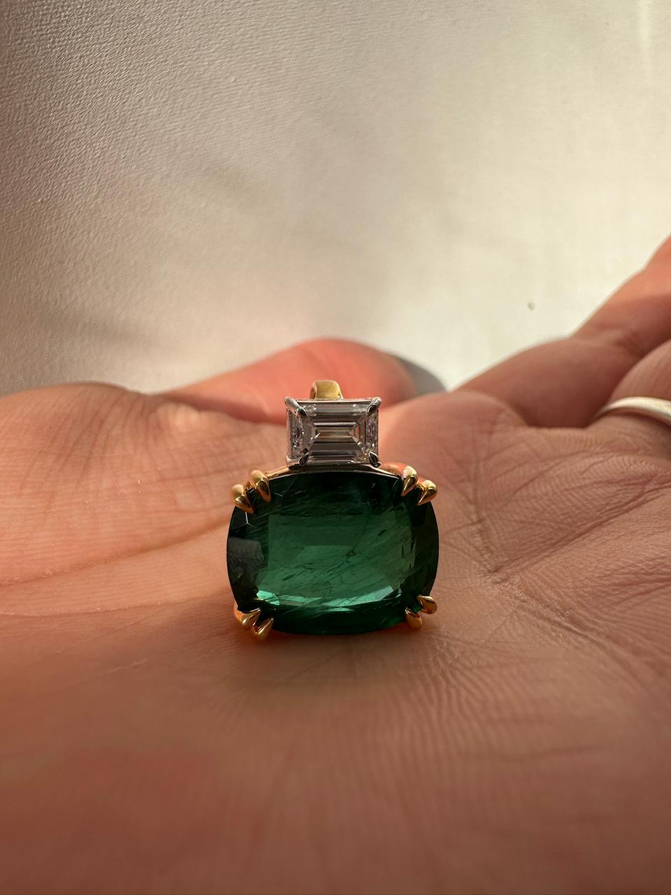 10 CT Lab Emerald Cushion Cut Pendant, Moissanite Accent, Sterling Silver Snake Chain