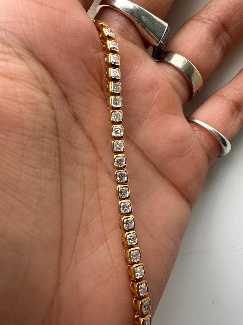 Asscher Cut Moissanite Tennis Bracelet | 14K Gold Bezel Set Statement Jewelry