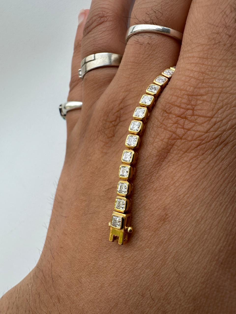 Asscher Cut Moissanite Tennis Bracelet | 14K Gold Bezel Set Statement Jewelry