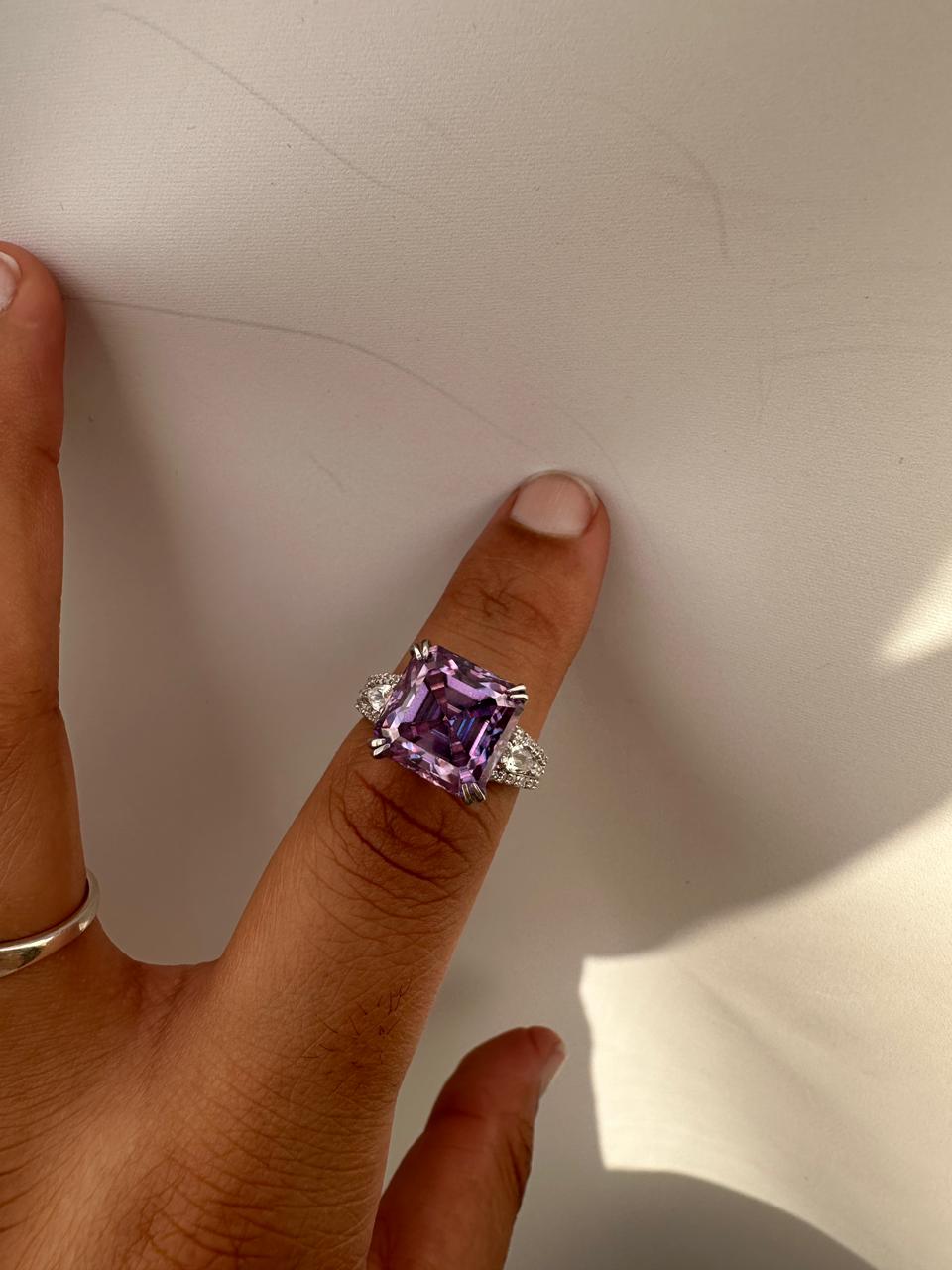10 CT Purple Moissanite Statement Ring, Asscher Cut Luxury Engagement Ring, 14k White Gold
