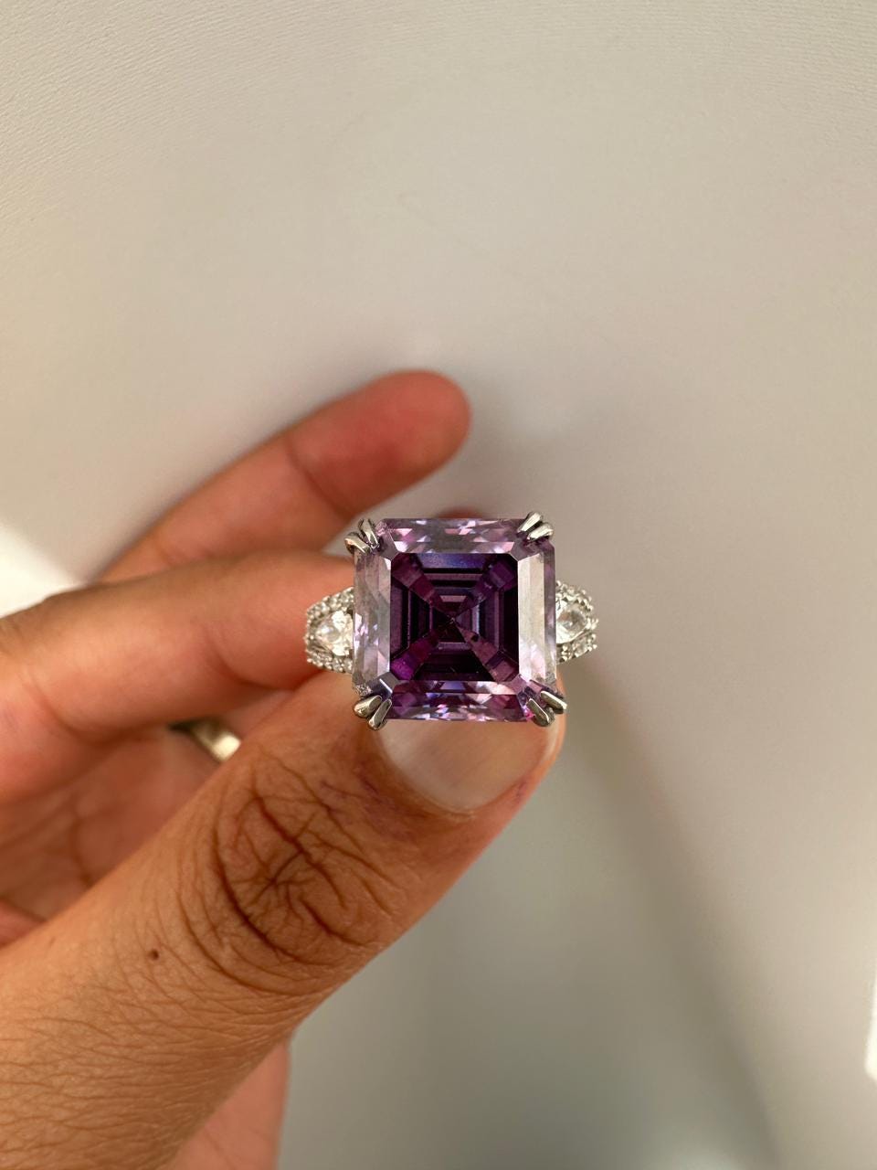 10 CT Purple Moissanite Statement Ring, Asscher Cut Luxury Engagement Ring, 14k White Gold