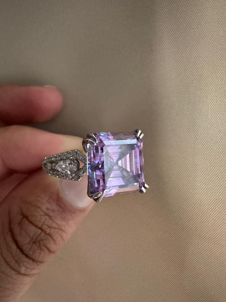 Lavender Asscher Moissanite Ring, 10 CT Luxury Engagement Ring 14k White Gold