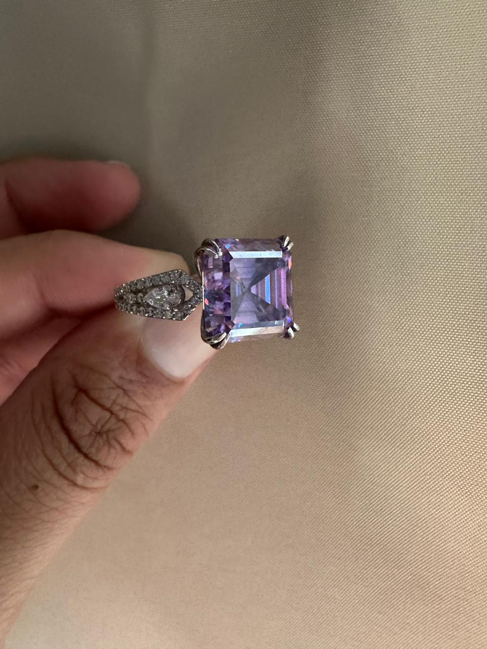 10 CT Purple Moissanite Statement Ring, Asscher Cut Luxury Engagement Ring, 14k White Gold
