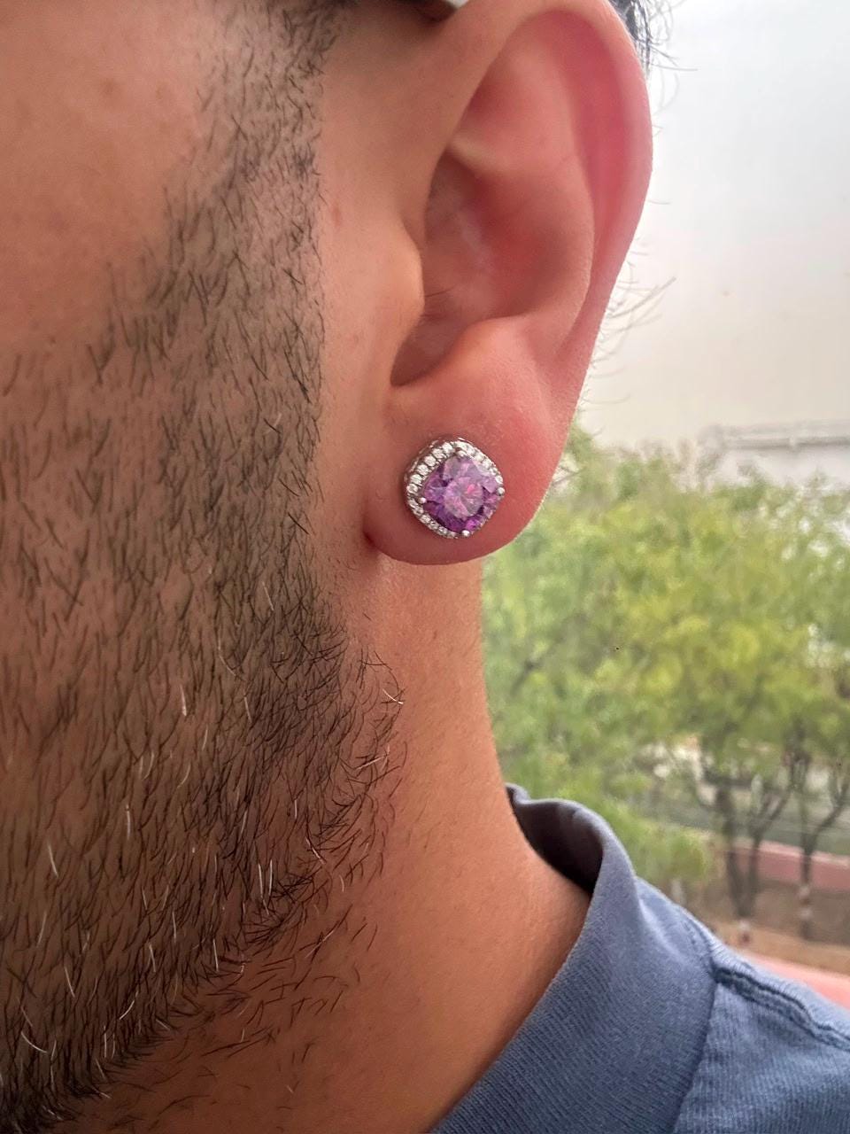 Purple Cushion Cut Moissanite Halo Stud Earrings, 925 Sterling Silver