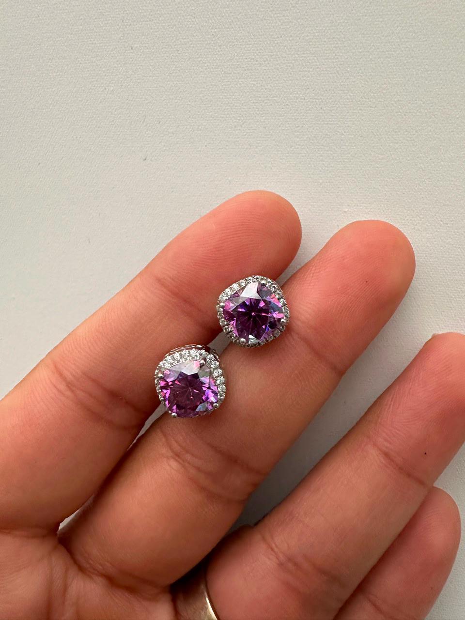 Purple Cushion Cut Moissanite Halo Stud Earrings, 925 Sterling Silver