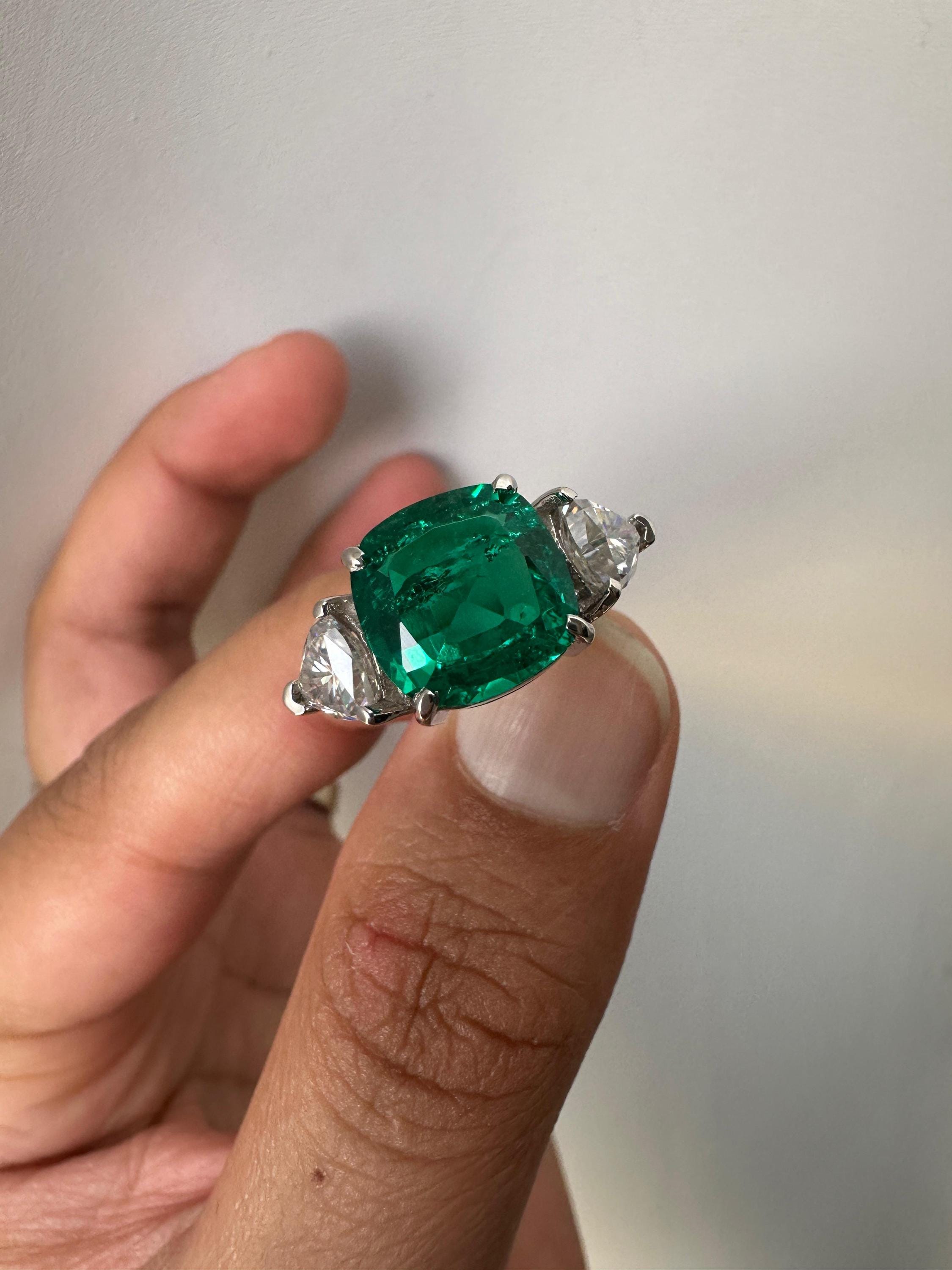 Lab Colombian Emerald Engagement Ring, 6 CT Cushion Cut, 14K White Gold Three Stone Ring