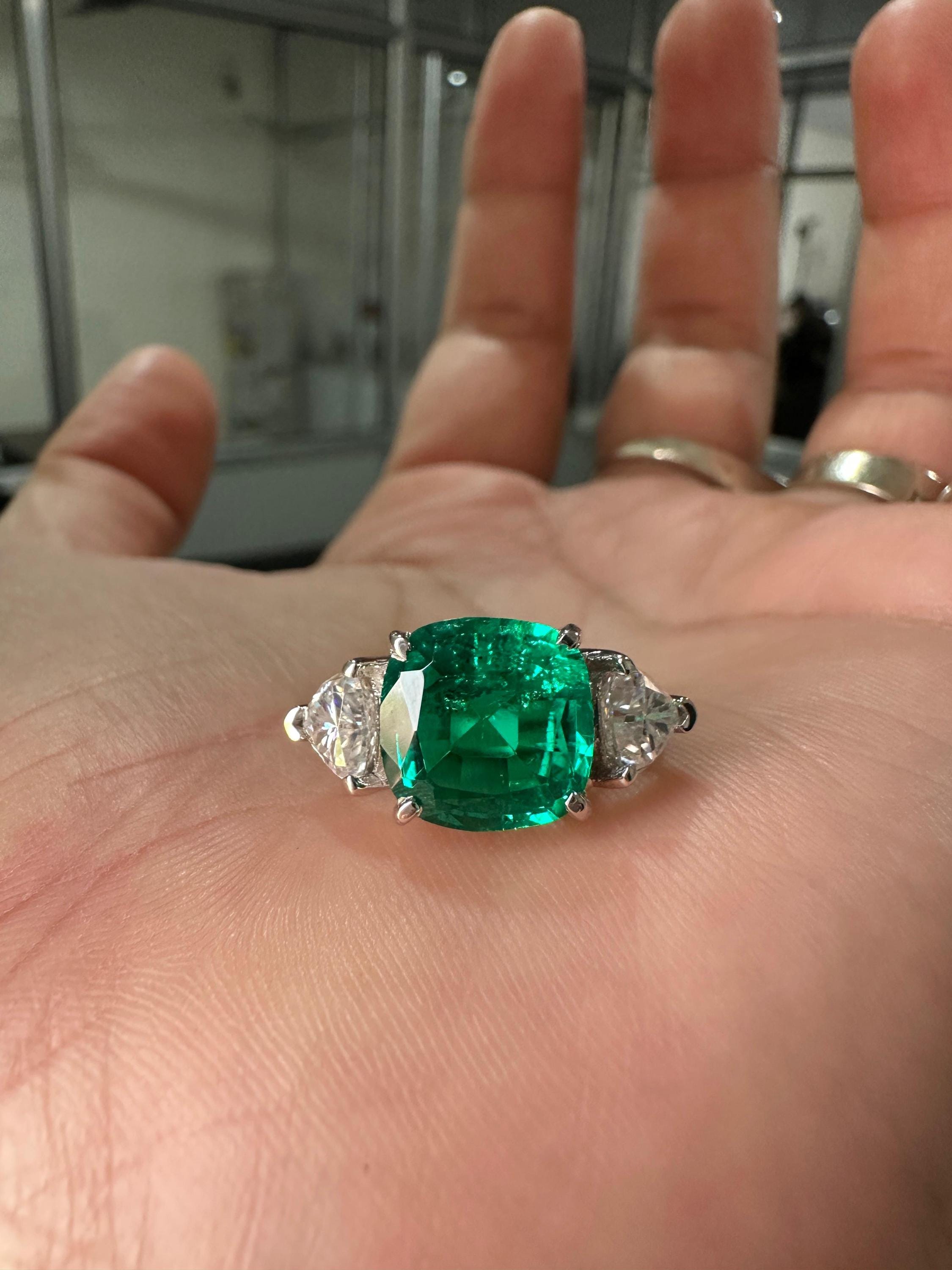 Lab Colombian Emerald Engagement Ring, 6 CT Cushion Cut, 14K White Gold Three Stone Ring