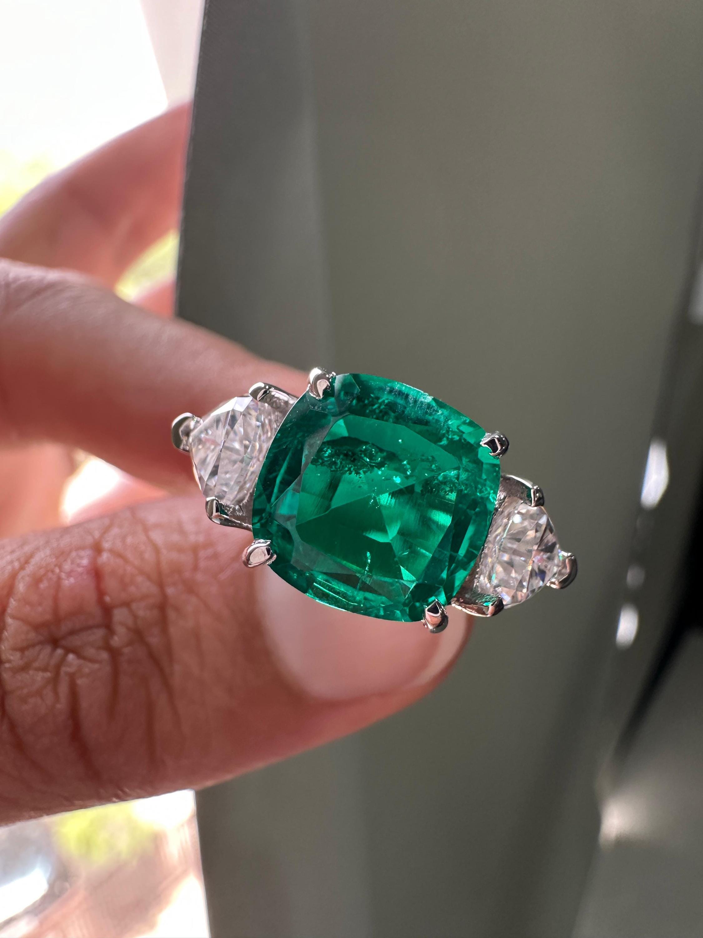 Lab Colombian Emerald Engagement Ring, 6 CT Cushion Cut, 14K White Gold Three Stone Ring
