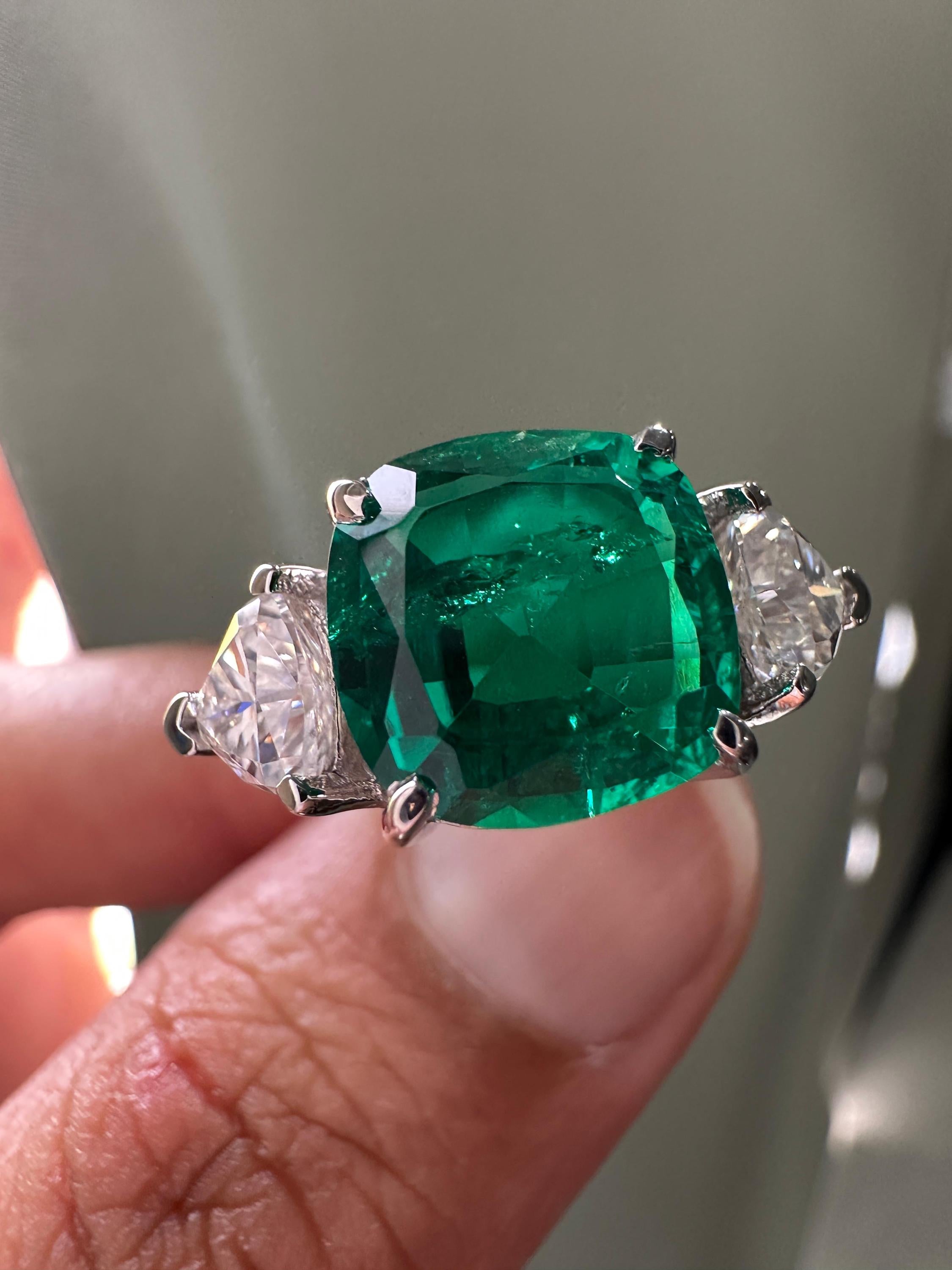 Lab Colombian Emerald Engagement Ring, 6 CT Cushion Cut, 14K White Gold Three Stone Ring