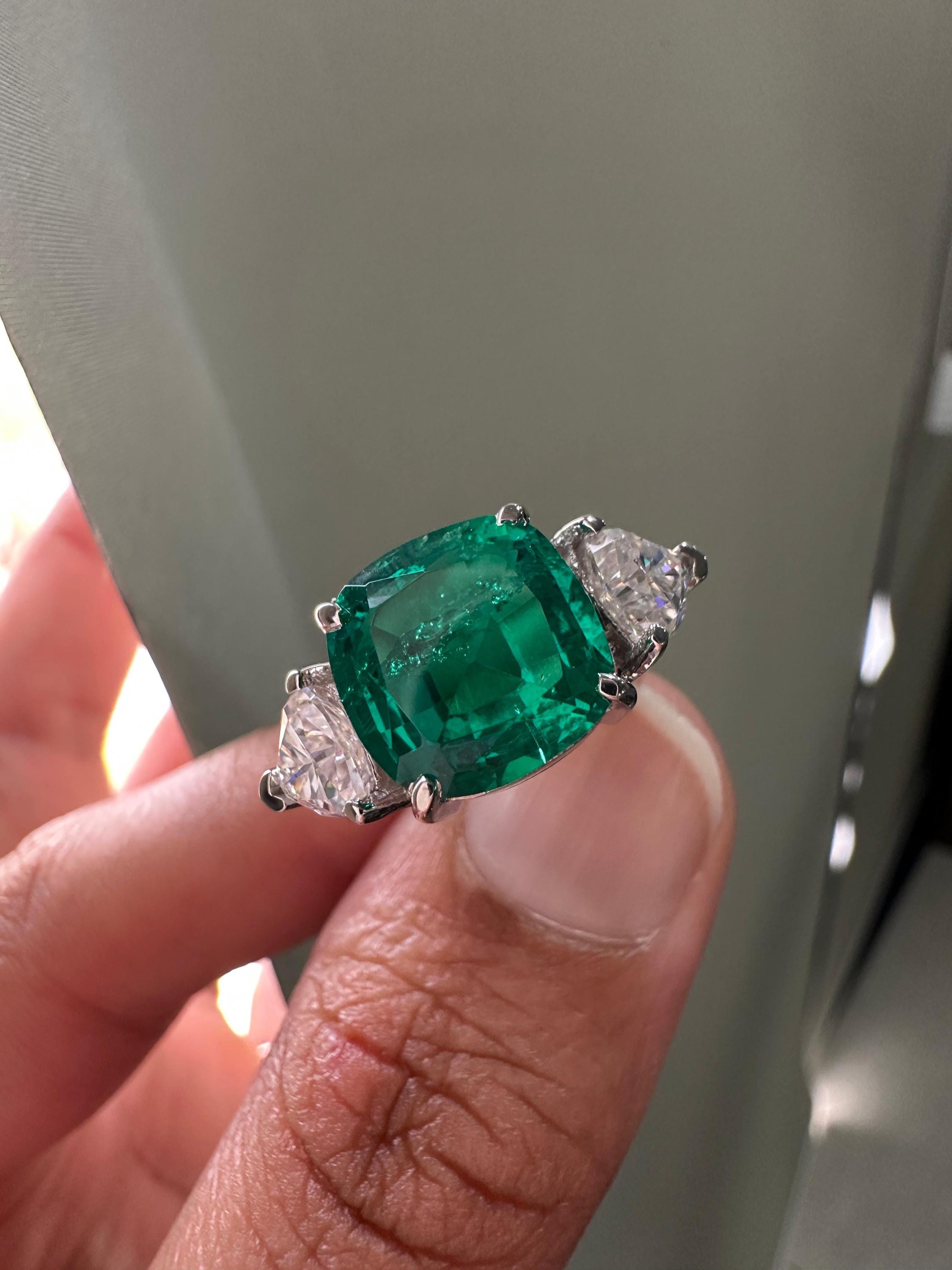 14k White Gold Cushion Emerald Ring | Trillion Moissanite Three Stone Ring